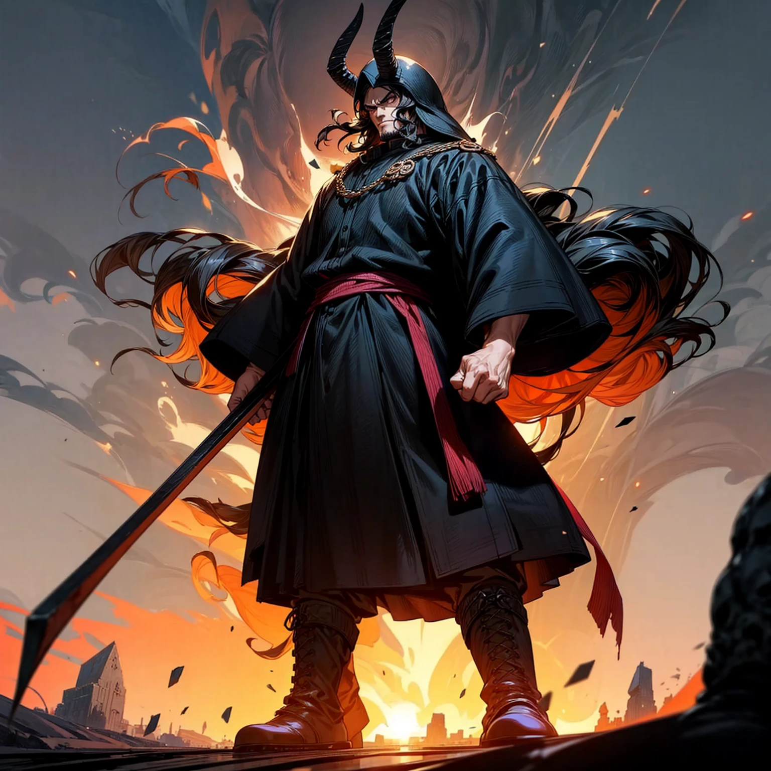 Grassroot, Full body version, solo, big man, largest muscle, largest body,very tall, 100 feet height tall, black eyes, black hair, long curly hairstyle, Vikings style clothing, boots, Vikings helmets, full background in square city, (one piece style art), standing gesture, angry eyes, smoke effect, blood on background, fire effect, sunlight behind, low angle view