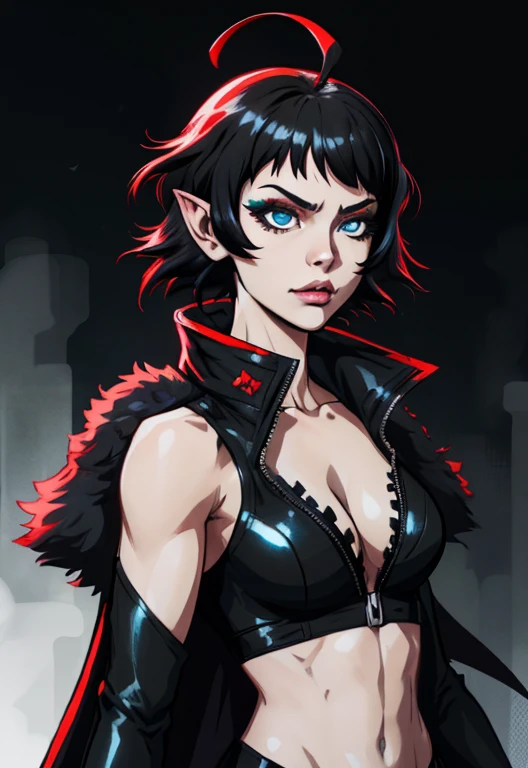 A closeup of a woman and some other poses, concept art, character content art,1girl, highres, sharp focus, pixiv masterpiece, ((intricate details)), highly detailed,highly detailed exquisite fanart, commission for high resolution, gothic makeup,snake eyes,snake eyes, blue eyes, pale skin, fair skin, short black hair, dark hair, short hair,  cyberpunk hair, muscular!,abdomen, pointy ear, vampire, costume: mercenary outfit, long coat, Underworld style clothing, neckline, revealing neckline, joy ride style, ilya kuvshinov,Anime Moe Artstyle, Female anime character, Anime character,