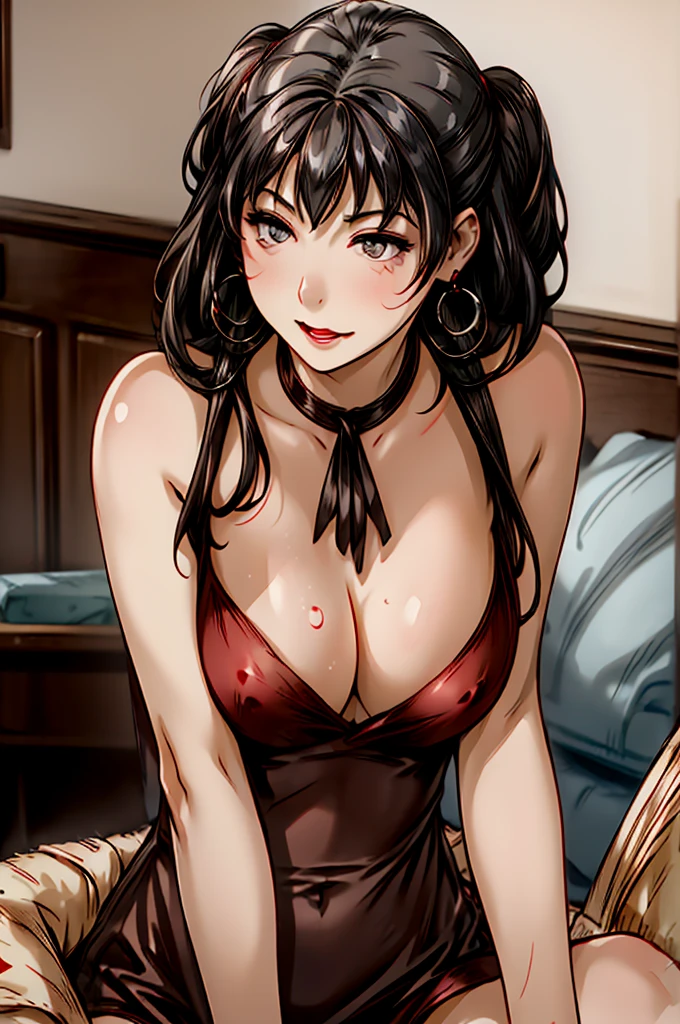 (8K HDR photorealistic pic), Betty Boop, short, althetic, curvy lady, ((tight little red dress)), dark eyebrows, black lipstick, (hoop earrings), dark eyeshadow, black lipstick, curvy, busty, (curly short black hair), shortstack, (retroussé breasts), darling figure, (supple pouting breasts), firm thighs, hourglass figure, kerchief, big brown eyes, dancing seductively