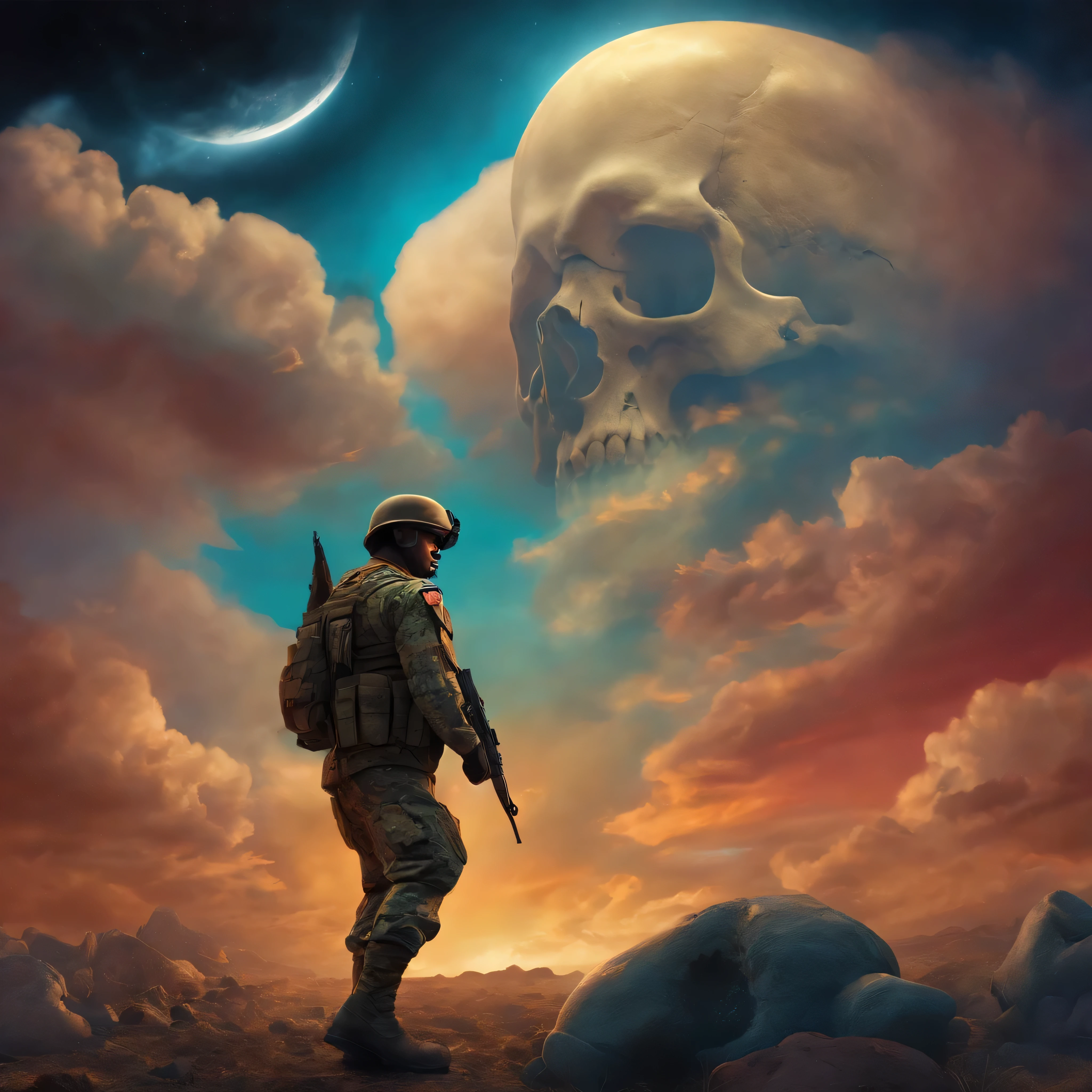 Cartoon soldier stepping on skull in heaven