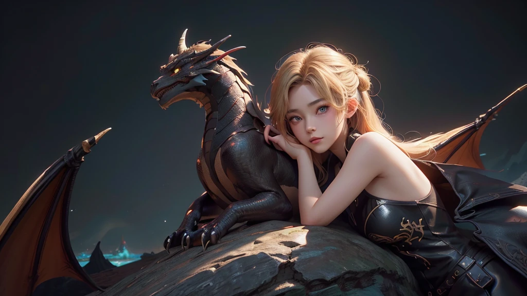 Polychrome,, night, dark, blonde, Show Viewer, In-person audience, Limited Edition Palette, Dragon Background, Shine,(Highly detailed CG Unity 8k wallpaper),(masterpiece), (Highest quality), (Vaporwave Style), (Super detailed), (Best illustrations),(Best Shadow),Perfect lighting , Perfect Anatomy , Vibrant colors、