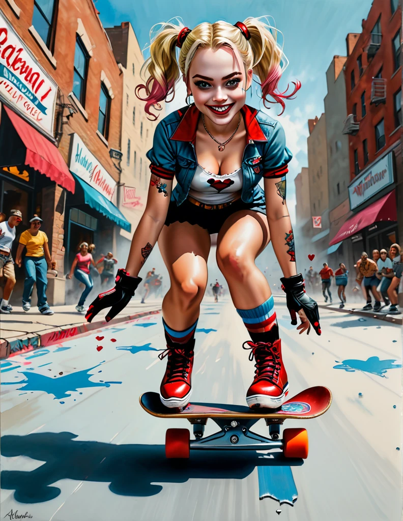 expressive portrait optical illusion action scene tempera painting postcard close up Margot Robbie as mad Harley Quinn skateboarding city street, wide smile road giving me perfect hand on cracked paper, sharp edges broken perspective, close up hand, hearts Apollonia Saintclair, Dan Mumford Norman Rockwell intricated pose, dynamic movement, cinematic, focus on perfect skate, boot, deep colors, low angle shot