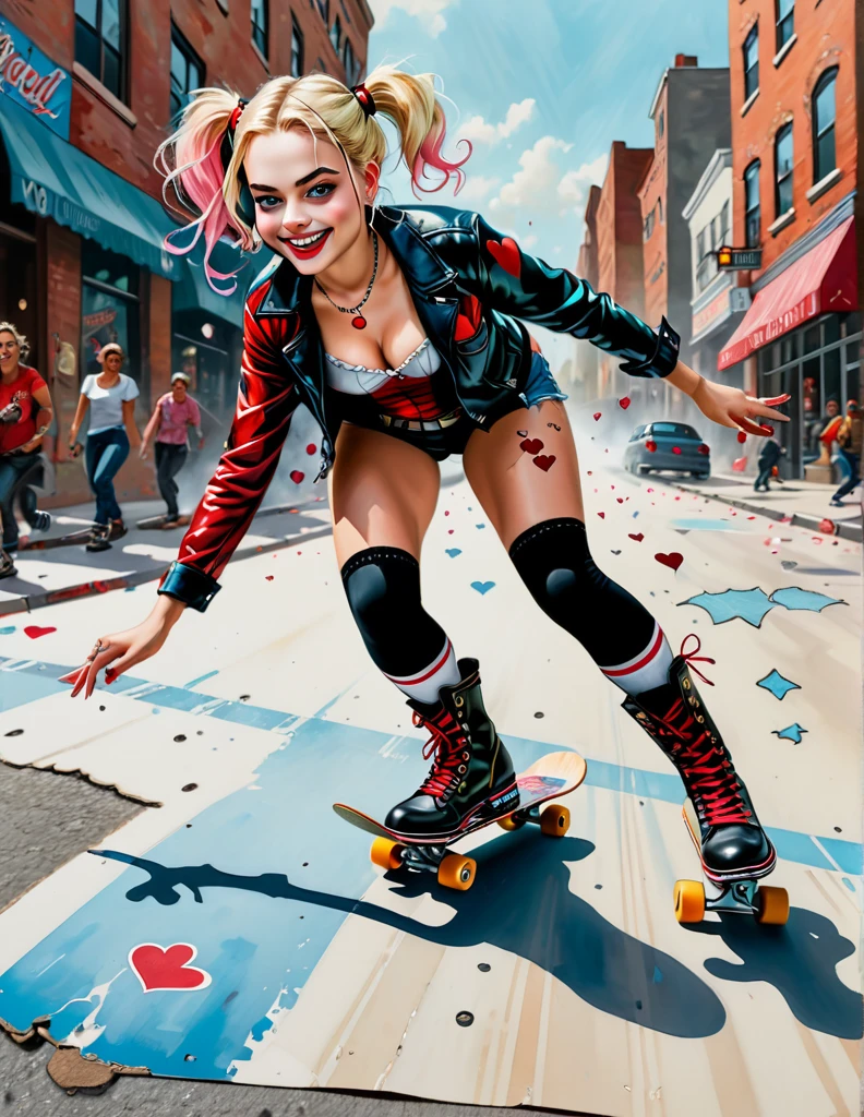 expressive portrait optical illusion action scene tempera painting postcard close up Margot Robbie as mad Harley Quinn skateboarding city street, wide smile road giving me perfect hand on cracked paper, sharp edges broken perspective, close up hand, hearts Apollonia Saintclair, Dan Mumford Norman Rockwell intricated pose, dynamic movement, cinematic, focus on perfect skate, boot, deep colors, low angle shot