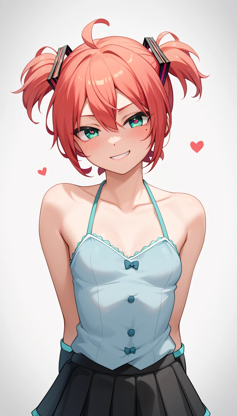 1 Girl, Small Breasts, Green Eyes, Heart Eyes, Deep Red Hair, Short Hair Style, Pale White Skin, Smooth Skin, Face Freckles, Slutty, Sexy, Sassy, Smirking, Tease, Teasing, Teasing, Sexy Pose, Young Girl, Very  Girl, 8 Yearsplay Hatsune Miku,