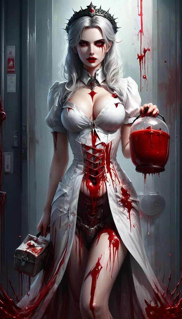 a picture of vampire nurse in a dark hospital, goth hospital, exquisite beautiful nurse, ((full body shot: 1.5)), ((anatomically correct: 1.5)), (ultra detailed face: 1.2), pale skin, dynamic hair style, dynamic hair color, wearing white silk nurse, small cleavage, nurse robes, white skirt,(holding blood transfusion bag: 1.3), BloodSoakedAI, goth hospital background, dark fantasy art, goth art, Hyperrealism style, vibrant, Ultra-high resolution, High Contrast, (masterpiece:1.5), highest quality, Best aesthetics), best details, best quality, highres, ultra wide angle, 16k, [ultra detailed], masterpiece, best quality, (extremely detailed) RAW, BloodSoakedAI, vampire teeth