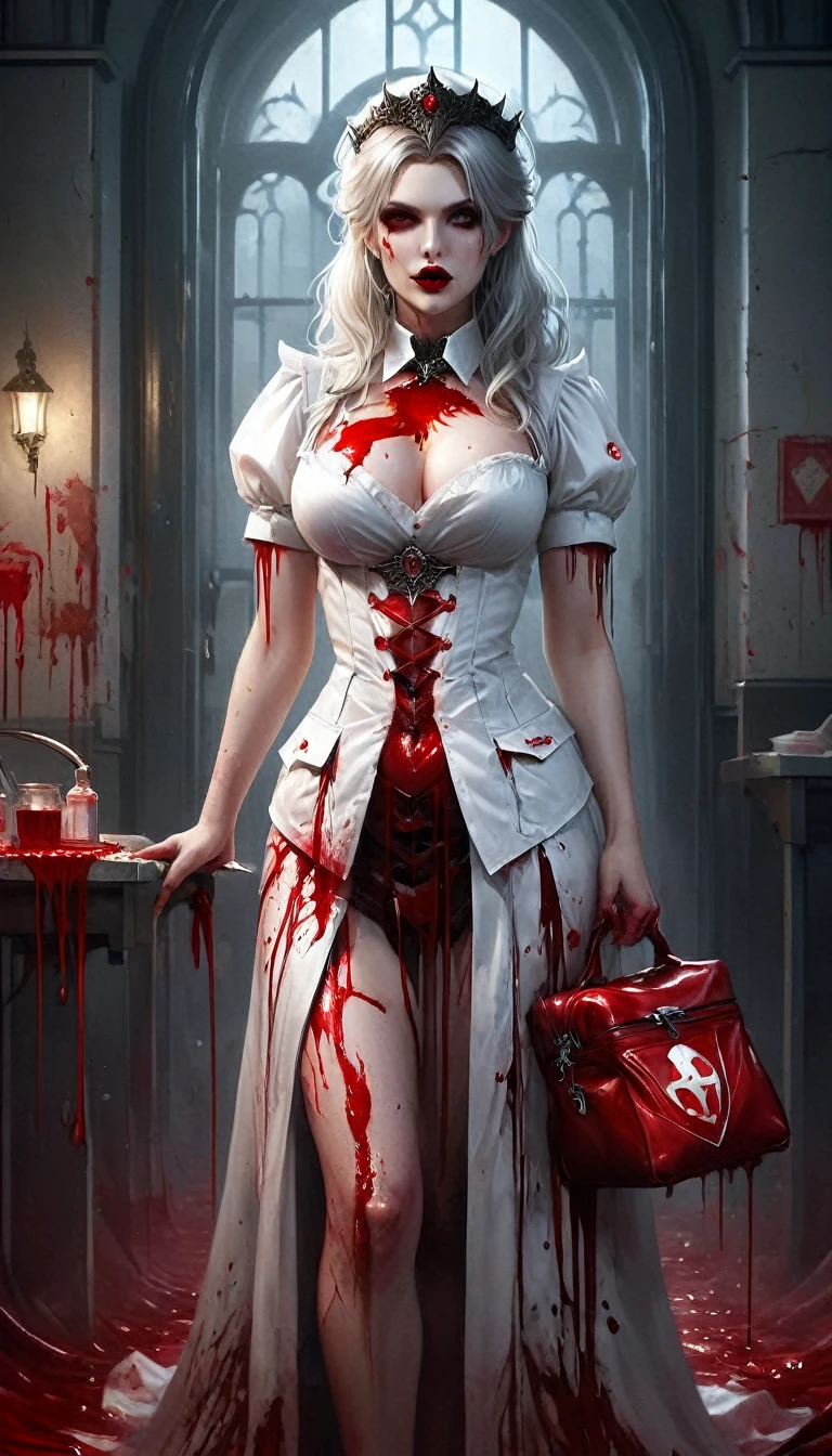 a picture of vampire nurse in a dark hospital, goth hospital, exquisite beautiful nurse, ((full body shot: 1.5)), ((anatomically correct: 1.5)), (ultra detailed face: 1.2), pale skin, dynamic hair style, dynamic hair color, wearing white silk nurse, small cleavage, nurse robes, white skirt,(holding blood transfusion bag: 1.3), BloodSoakedAI, goth hospital background, dark fantasy art, goth art, Hyperrealism style, vibrant, Ultra-high resolution, High Contrast, (masterpiece:1.5), highest quality, Best aesthetics), best details, best quality, highres, ultra wide angle, 16k, [ultra detailed], masterpiece, best quality, (extremely detailed) RAW, BloodSoakedAI, vampire teeth