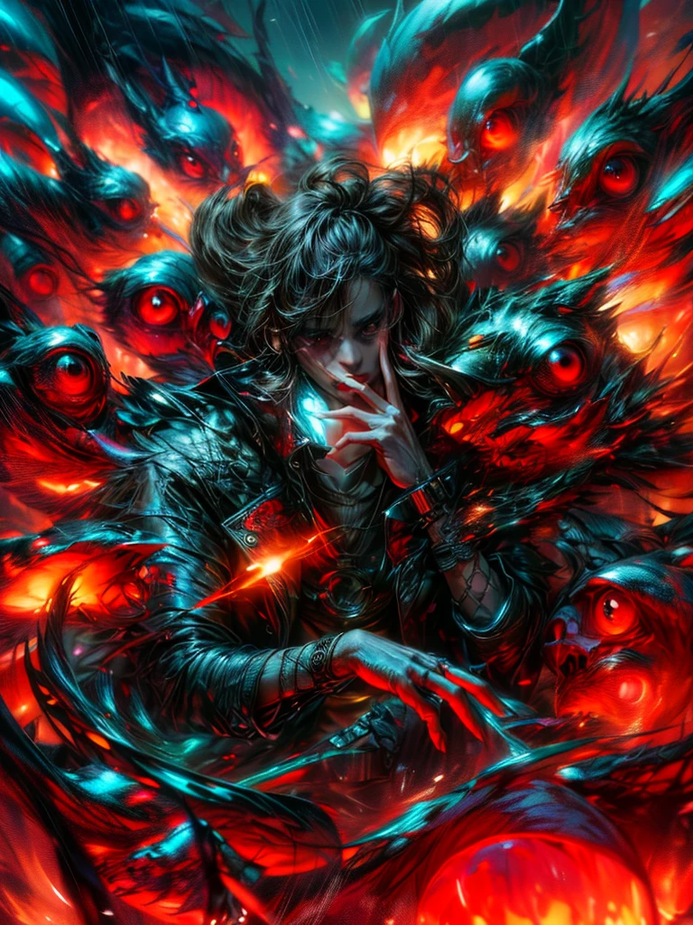 Man with black hair and red eyes, surrounded by red eyes. Dark coat with red details, holding sword in right hand, left hand making contemplative gesture. (male: 2), Character away, work of art, best qualityer, (Extremely detailed CG 8k unity wallpaper), (best qualityer), (best illustration), (best shade), absurderes, realistic lighting, (bright), beautiful detailed glowing, arte de PeterMohrBacher, detailed character, 85mm camera. Extremely detaild, 8k, HDR, naturallight, cinematic lighting, masterpiece-anatomy-perfect, ultra HD, RAW photo, metallic, professional, ultra-fine painting, perfect body proportions, anatomically correct, uhd, real texture material, Anti-Aliasing, FKAA, TXAA, SSAO, Post Processing, Post Production, Tone Mapping, CGI, VFX, SFX, hyper maximalist, Volumetric, ultra photorealultra-detailed intricate details.