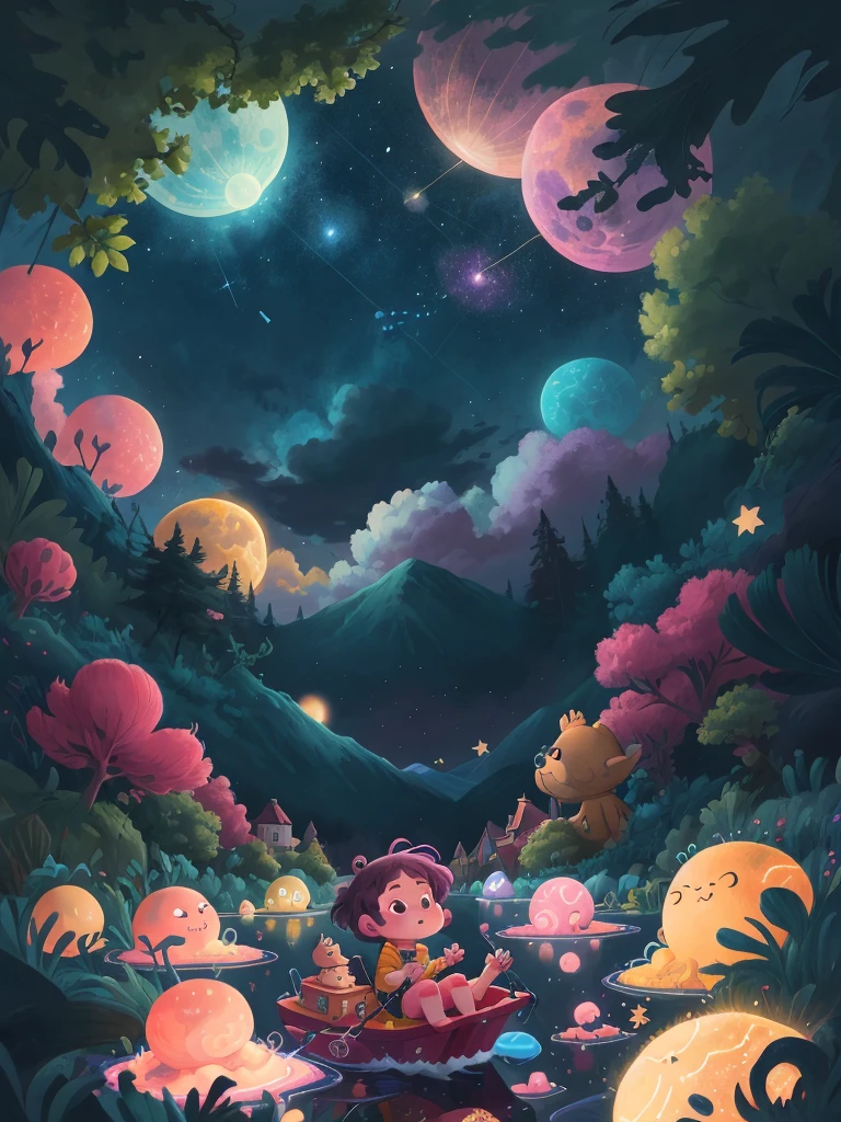 Luna floating among the stars, with the Big Dipper constellation waving hello and Orion giving her a friendly nod, blue, pink, pastel yellow, bright theme, HD, 4K