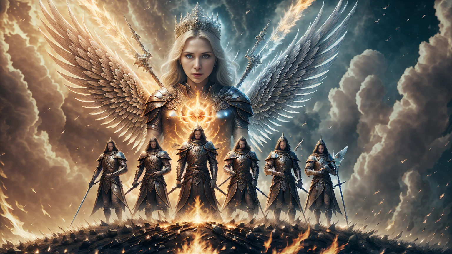 Big Castle Background, Ten angels stand with swords, Behind the angel is brilliance. Huge details, There is the sun in the sky and fire on the ground. UHD 8k CGI, award winner
