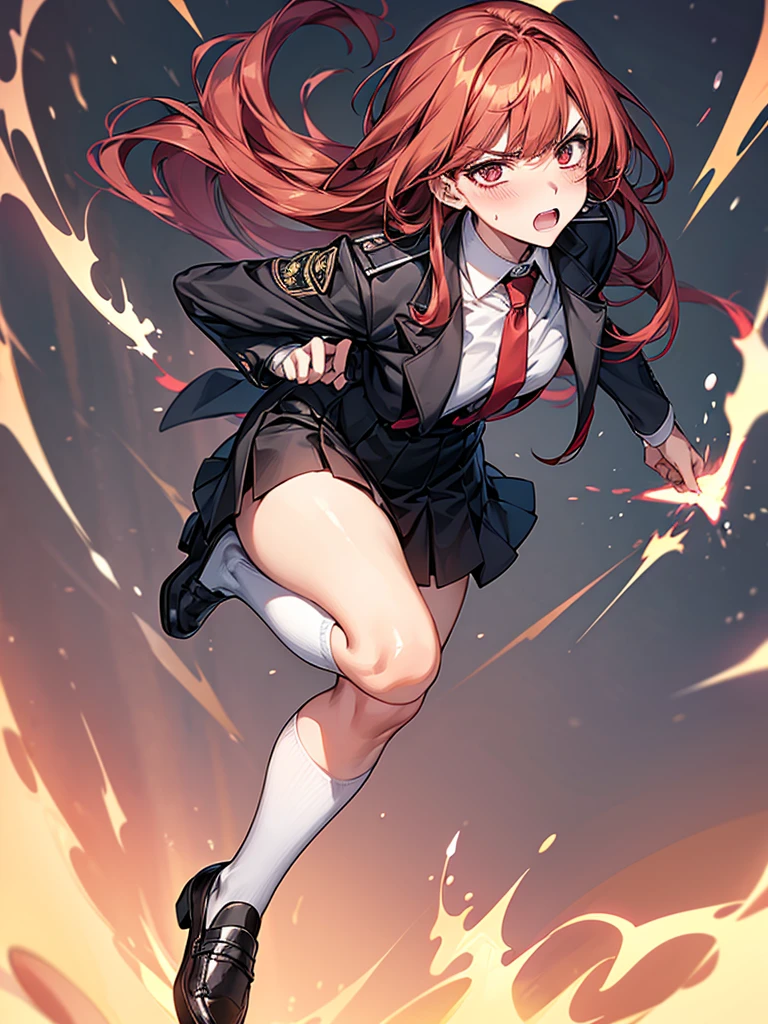 {{masterpiece}}, {{{Highest quality}}},{{Very detailed}}｛{{A mature woman attacks with fire magic}}｝,{{疲労でSweatをかいている成人女性}},Sweat,action,{{Blushing}},{{V-shaped eyebrows}},{{Long sleeve mini skirt uniform}},{{suspenders}},{{{Fight}},{},, ,{{Jump}},{{Eyelet foot}},,{{}},{{}},,Slender body}}{{Female police officer}},,,,suspenders　,Long sleeve mini skirt uniform, White High Socks,Black fingerless gloves, Long Red Hair, Red tie,Straight hair ,Blunt bangs,.amountn loafer,,blush,Wrinkles ,amount,Grit your teeth,suffering,v-shaped eyebrows.,Sweat dripping,Medium chest ,get annoyed,