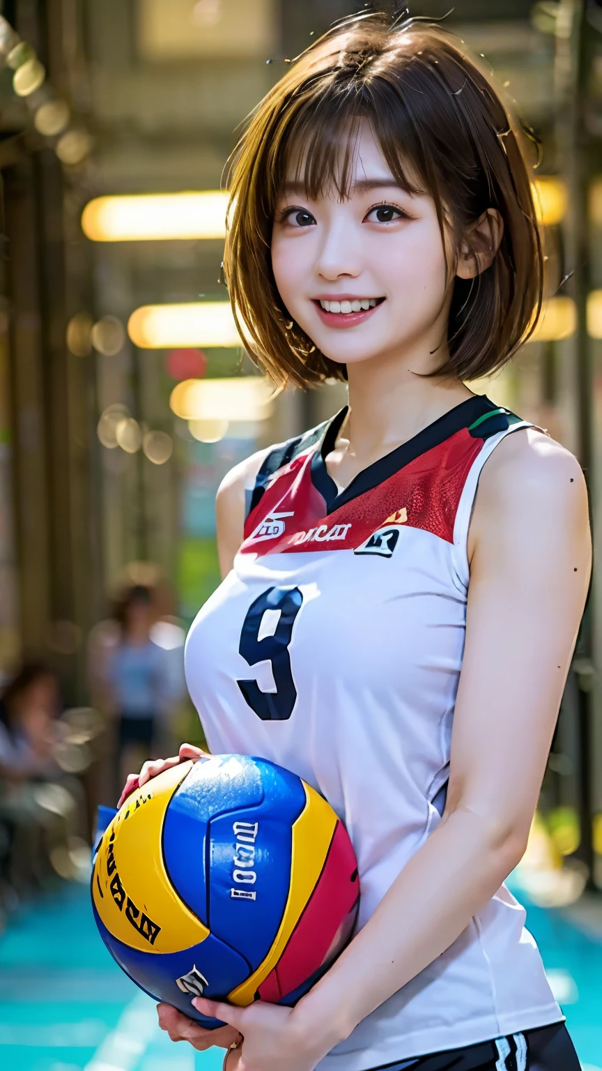 Volleyball Uniforms、woman、whole body、((gym、Volleyball court))、Brown Hair、(beauty)、smile、short hair、元気なsmile