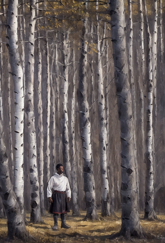 Dark-skinne A dark-white-skinned man with wavy short hair dressed in light, warm medieval clothes against the background of a birch forest