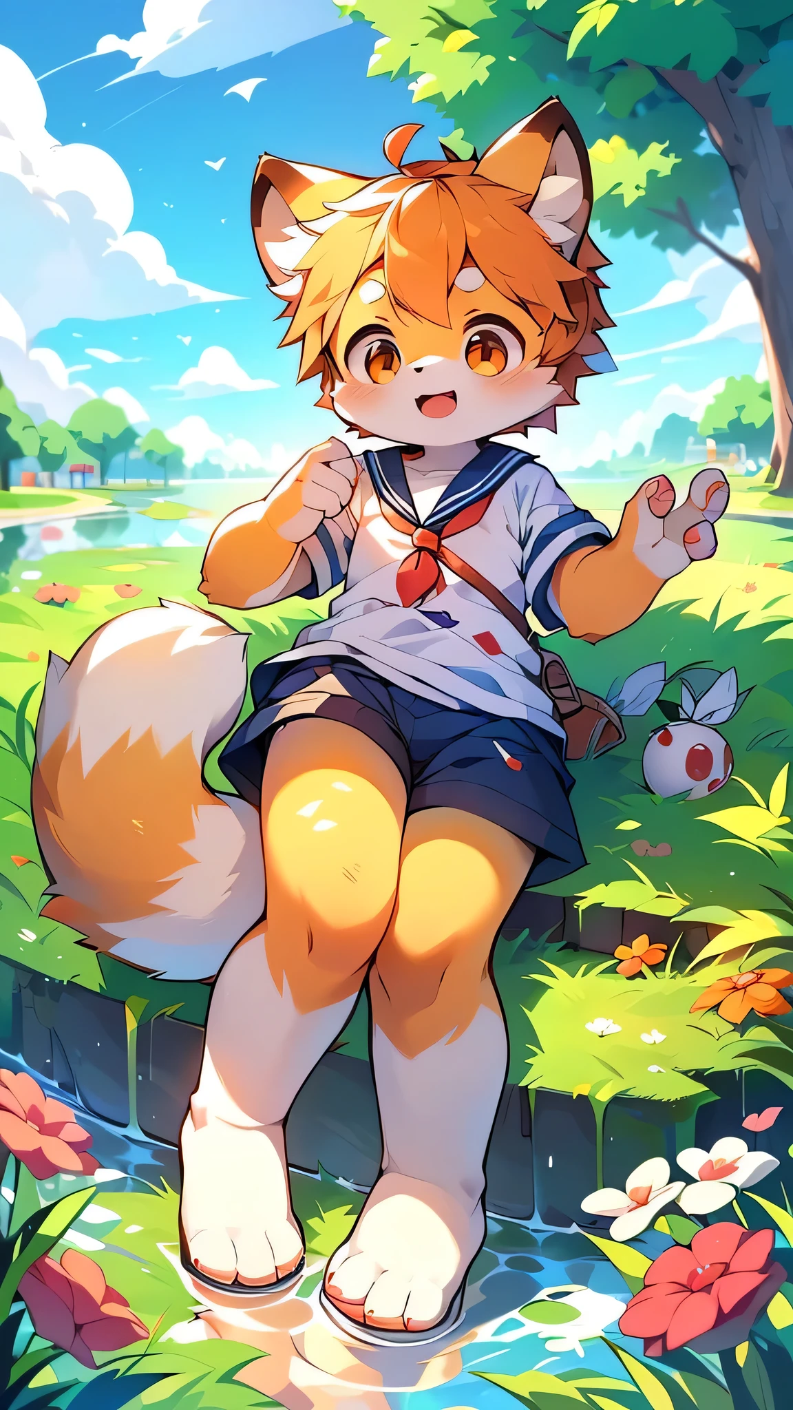 Red Panda Boy,Characteristics of the Sailor Suit,super high quality,Very detailed,High resolution,Cute art style in anime,Rice field scenery,(Cheerful teenager,13 years old:1.3),alone,single,Cute face male