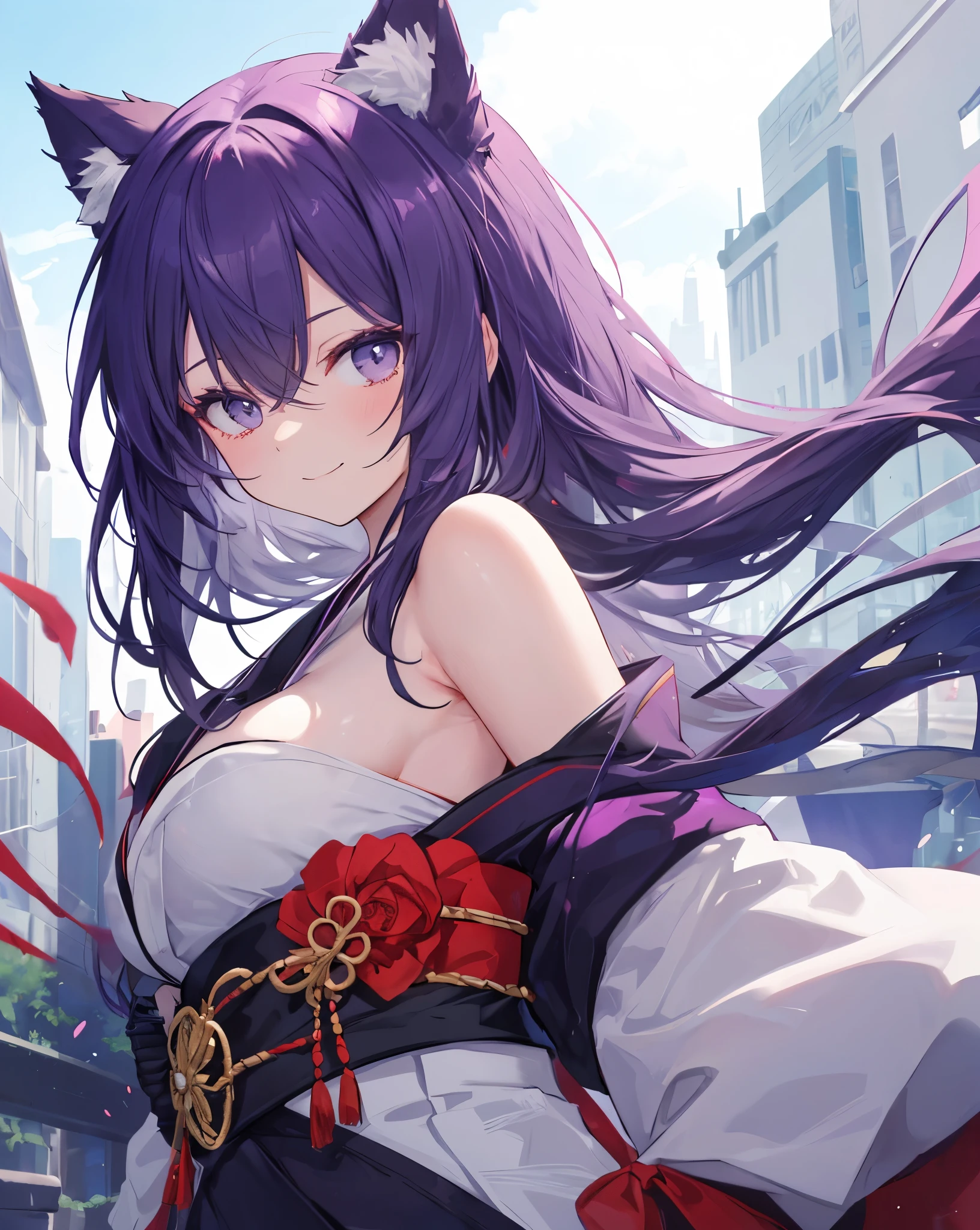Portrait of a 24 years old catgirl smiling. She has purple hair with black reflexes and fluffy cat ears. She's sexy, bare shoulders, super cool assassin's kimono.
The image is a metal reflex of a sword blade. Anime scenery, super cool dynamic composition