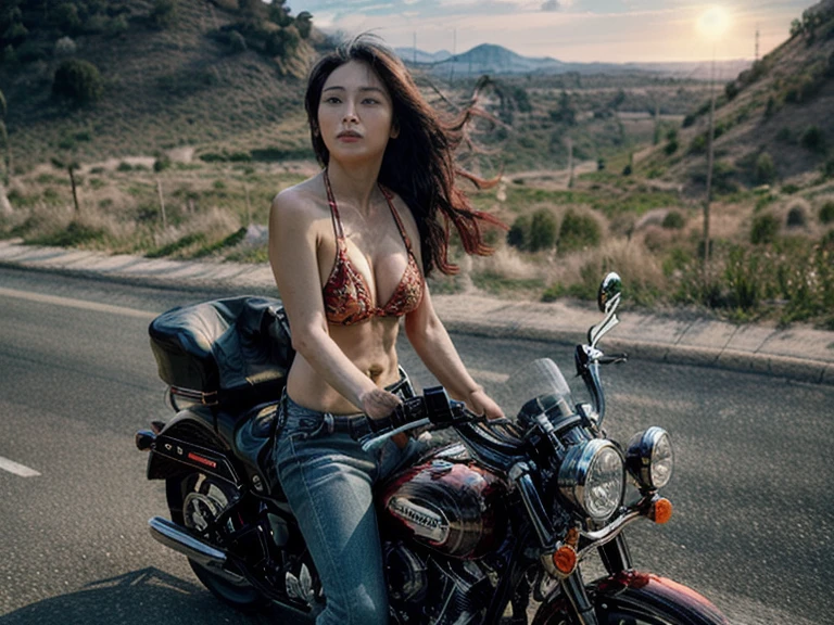 Woman riding a Harley,Long black hair with red highlights, Full Scene Shot, Highest quality, sunset, Step Path, The wind is blowing,Look up at the sky， Beautiful woman, Outdoor Scene, 自然のlandscape, bikini, Umbilical cord prolapse, jeans，Cross Belt、Highly detailed face and skin texture, fine grain,, whole body, Octane Rendering,Two-tone lighting,wide aperture,Low ISO,White balance, Driving a classic motorcycle, landscape