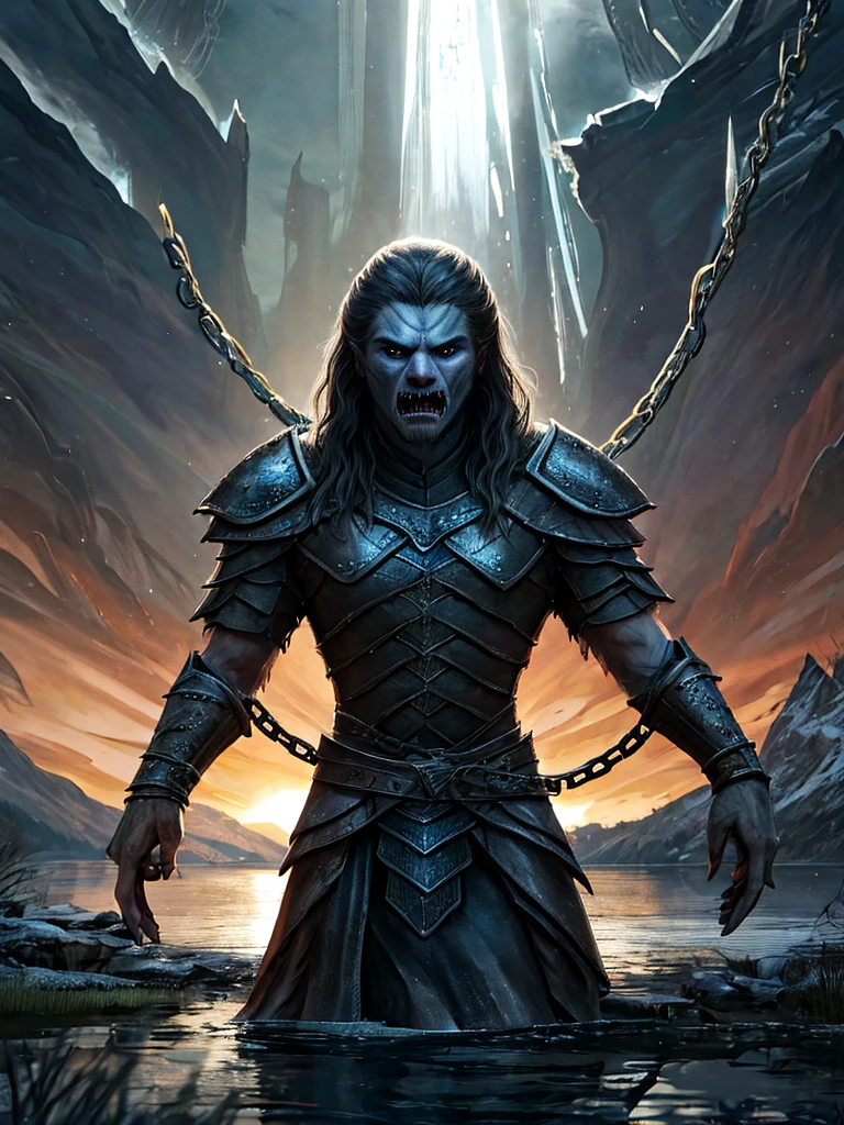 Hd wallpaper, glowing arcs and metalic light chains of in frozen surface of the lake, top view photography in the style of cinematic poster and high clarity, in the style of game of thrones, unpleasant, horror, terrifying look, uhd, 8k resolution, balanced, high dynamic range color, strong highlight