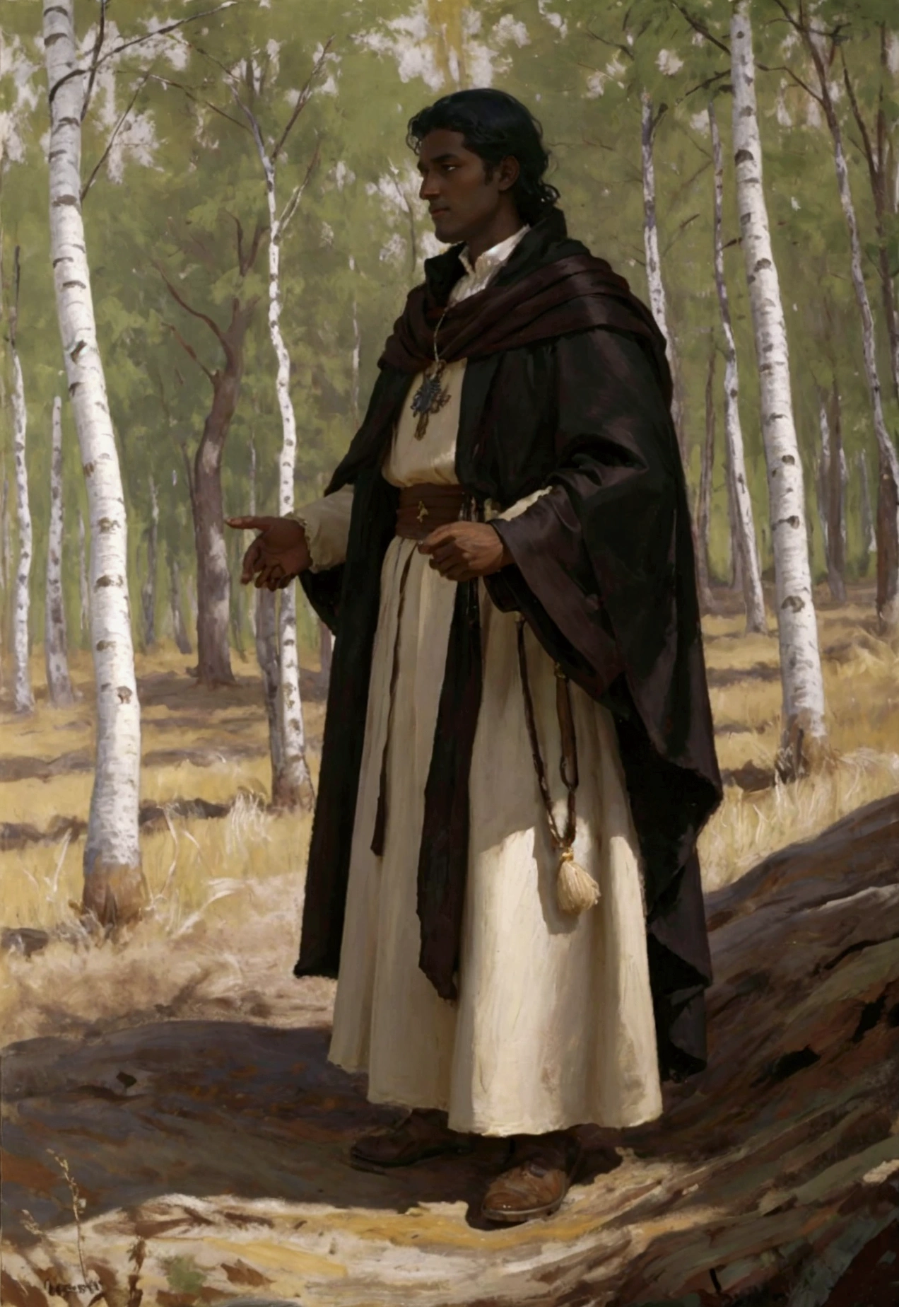 Dark-skinne A dark-white-skinned man with wavy short hair dressed in light, warm medieval clothes against the background of a birch forest  