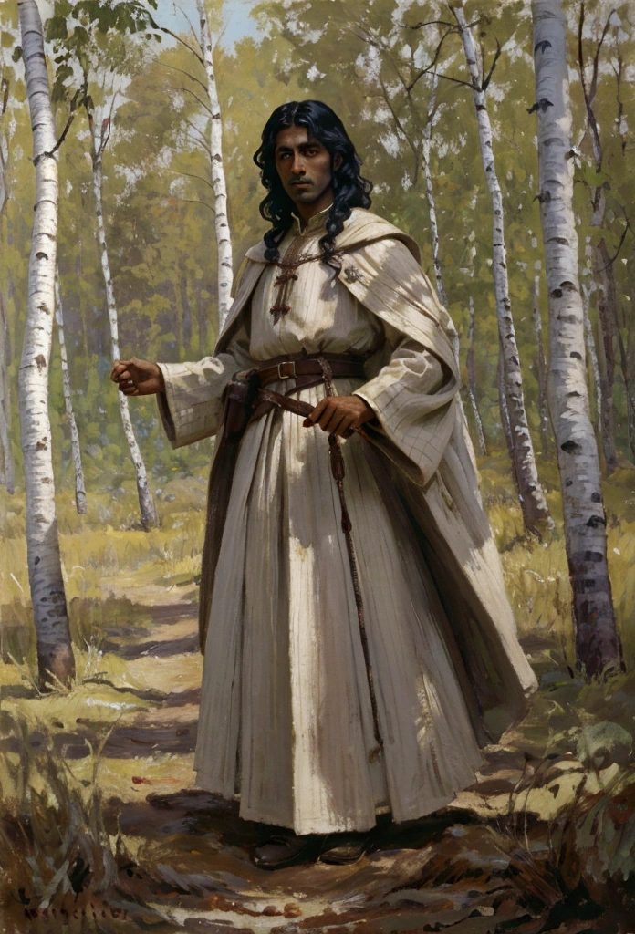 Dark-skinne A dark-white-skinned man with wavy short hair dressed in light, warm medieval clothes against the background of a birch forest