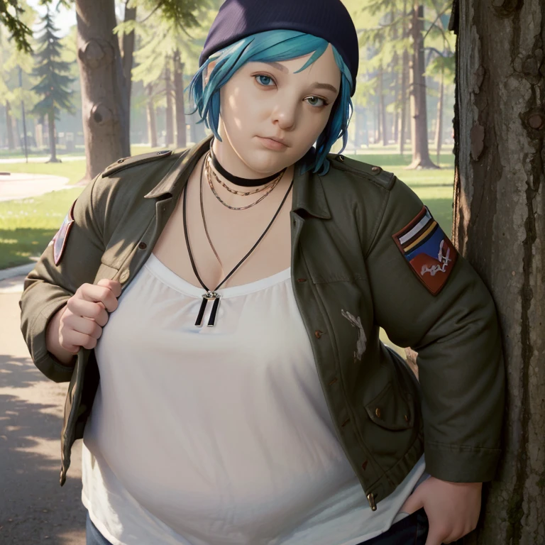 (masterpiece, best quality, highres:1.5)
LifeStrangeChloe, 1girl, solo, fat girl, body plus, BBW, short hair, jewelry, jacket, choker, necklace, tree, beanie, multicolored hair