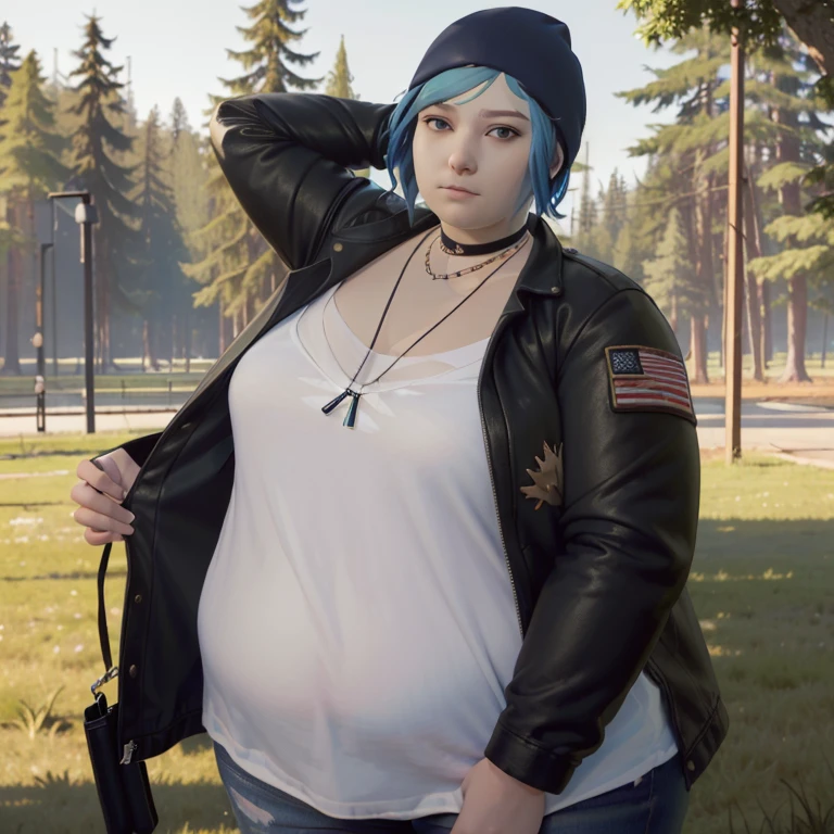 (masterpiece, best quality, highres:1.5)
LifeStrangeChloe, 1girl, solo, fat girl, body plus, BBW, short hair, jewelry, jacket, choker, necklace, tree, beanie, multicolored hair