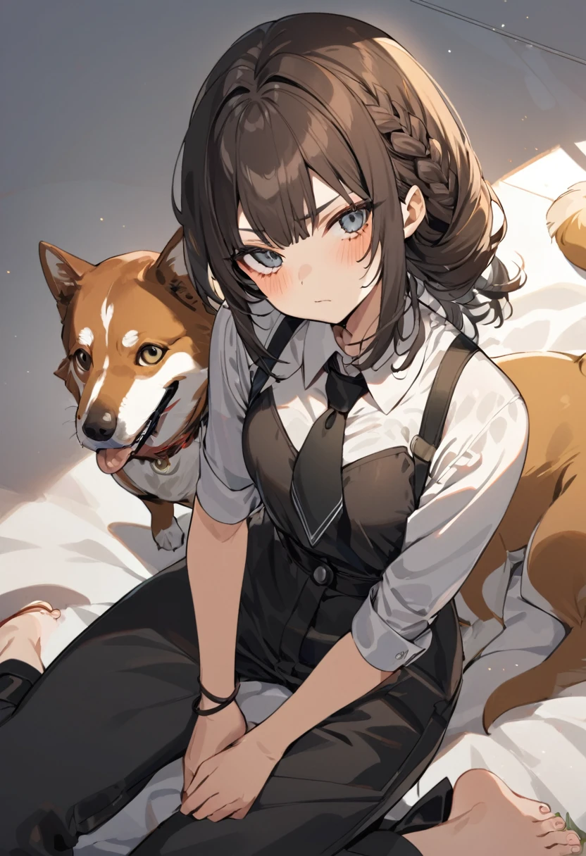 1 girl, makima (Chainsaw Man), necktie preta, black pants, Braid, rabo de cavalo Braiddo, breastsout, cloused mouth, collared, chemise de collared, tiro de cowboy, toenails, gi, hair over the shoulders, head tilt, hold the dog&#39;s collar, pull the leash, longye hair, long sleeves, lookin at viewer, necktie, extended arm, pants, Eyes red, Red hair, ringed eyes, chemise, sensual smile, 独奏, lighting sun, collared não usado, chemise branca, in the office