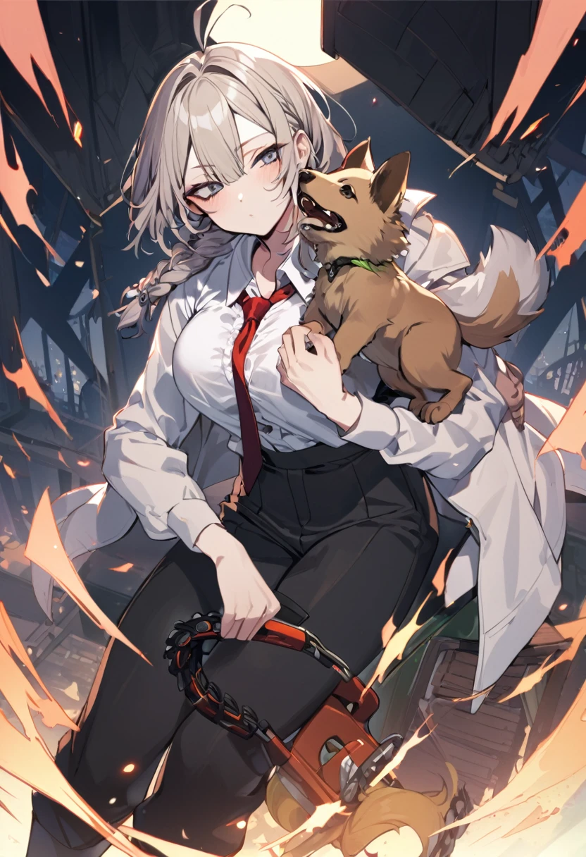 1 girl, makima (Chainsaw Man), necktie preta, black pants, Braid, rabo de cavalo Braiddo, breastsout, cloused mouth, collared, chemise de collared, tiro de cowboy, toenails, gi, hair over the shoulders, head tilt, hold the dog's collar, pull the leash, longye hair, long sleeves, lookin at viewer, necktie, extended arm, pants, Eyes red, Red hair, ringed eyes, chemise, sensual smile, 独奏, lighting sun, collared não usado, chemise branca, in the office