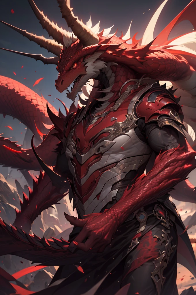 male red blood dragon, 4 arms, horns, golden eyes, long white hair, detailed dragon anatomy, hyper realistic, 8k, high resolution, photorealistic, dramatic lighting, vibrant colors, cinematic composition , fantasy art, dark fantasy