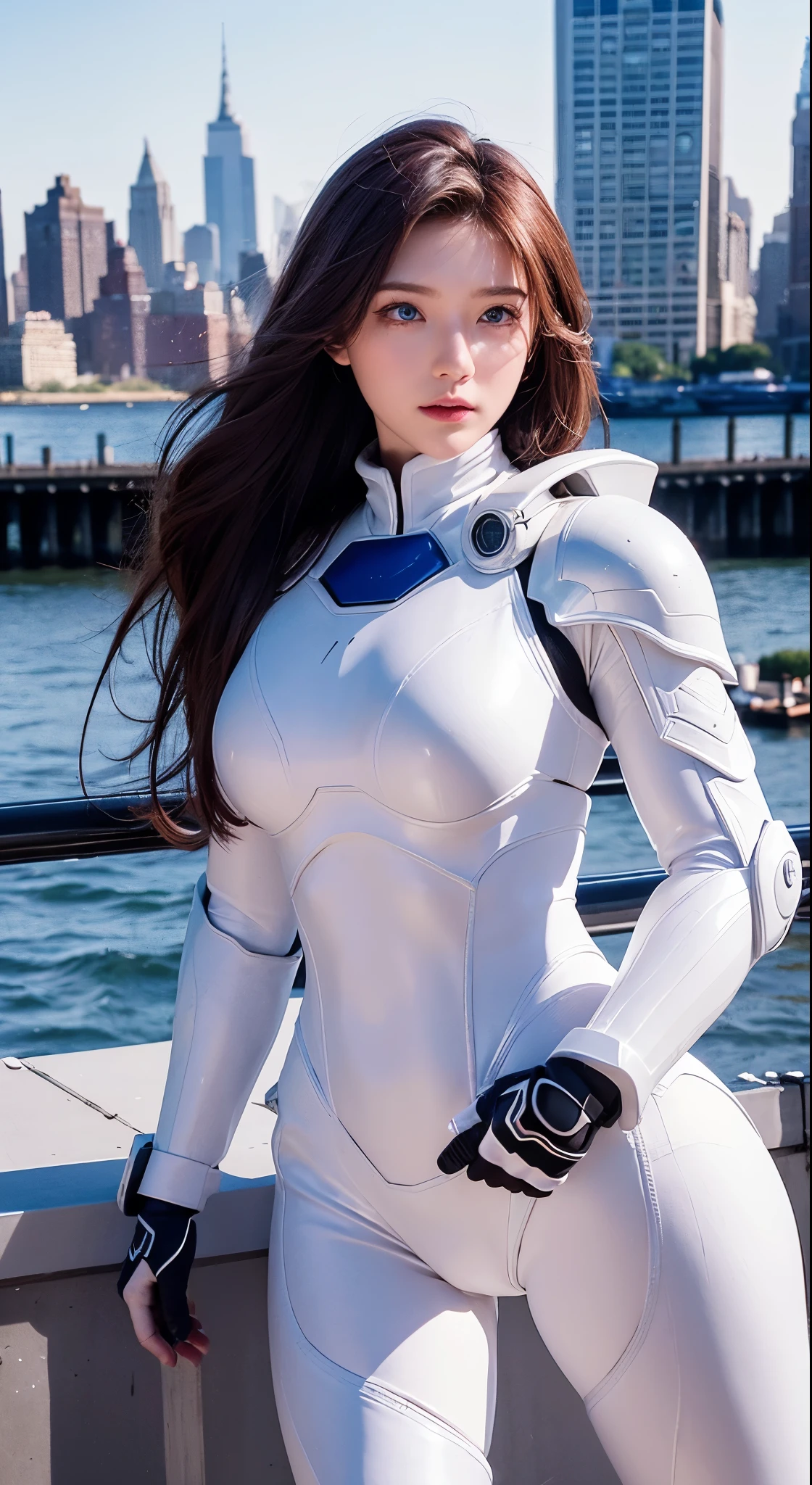 with high definition images，contrast、Godley、blue eyes、Chestnut Hair、New York city skyline in the background、Absolute Strength、Beautiful woman in a white armored suit、Silver armor，Facial details，Full body high quality images