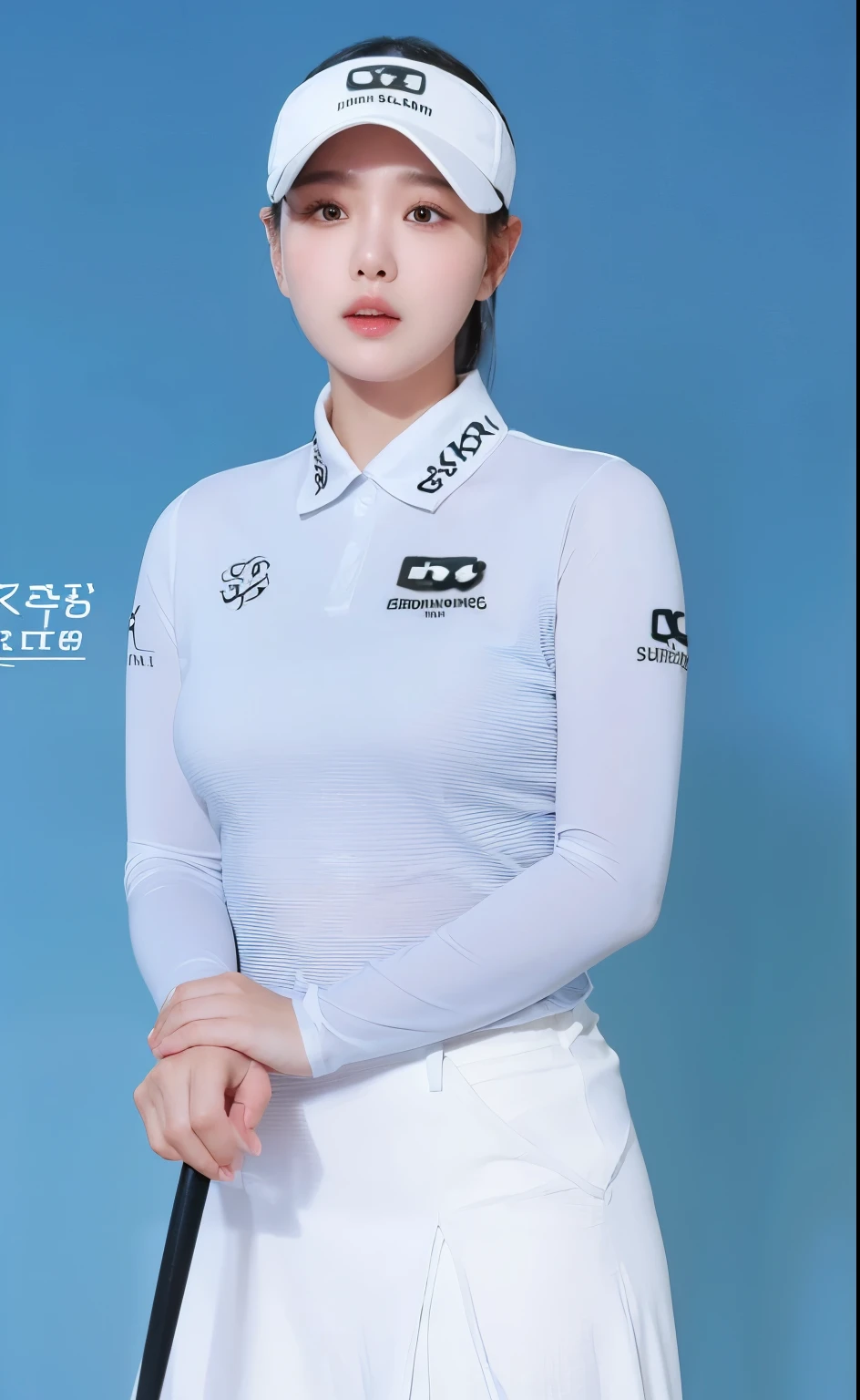 ((better quality)), ((illustration)), (detailed), perfect face, Jang Gyu-ri,1 woman, dynamic angle, 골프장 in the foreground, full body view, white t-shirts, With golden accessories,Light Tracing, in the foreground,(short hair), hot sun,(white golf hat),professional model, (realistic:1.4), official art, fractal art,unity 8k wallpaper, 매우 detailed, beautiful and aesthetic,look at the viewer, masterpiece,best quality, glowing skin, cinematic lighting