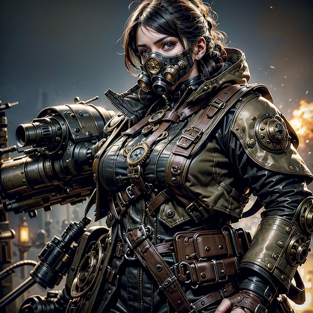 a steampunk woman in a steampunk military uniform, surreal battlefield, detailed face and eyes, intricate machinery, gears, cogs, brass, copper, goggles, gas mask, metal, steam, dramatic lighting, moody atmosphere, cinematic, epic, fantasy, concept art, digital painting, (best quality,4k,8k,highres,masterpiece:1.2),ultra-detailed,(realistic,photorealistic,photo-realistic:1.37)