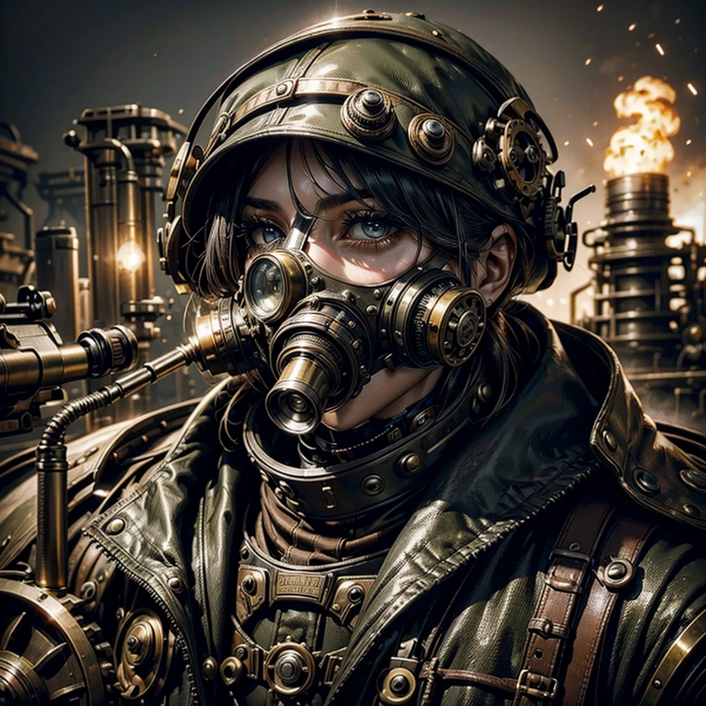 a steampunk woman in a steampunk military uniform, surreal battlefield, detailed face and eyes, intricate machinery, gears, cogs, brass, copper, goggles, gas mask, metal, steam, dramatic lighting, moody atmosphere, cinematic, epic, fantasy, concept art, digital painting, (best quality,4k,8k,highres,masterpiece:1.2),ultra-detailed,(realistic,photorealistic,photo-realistic:1.37)