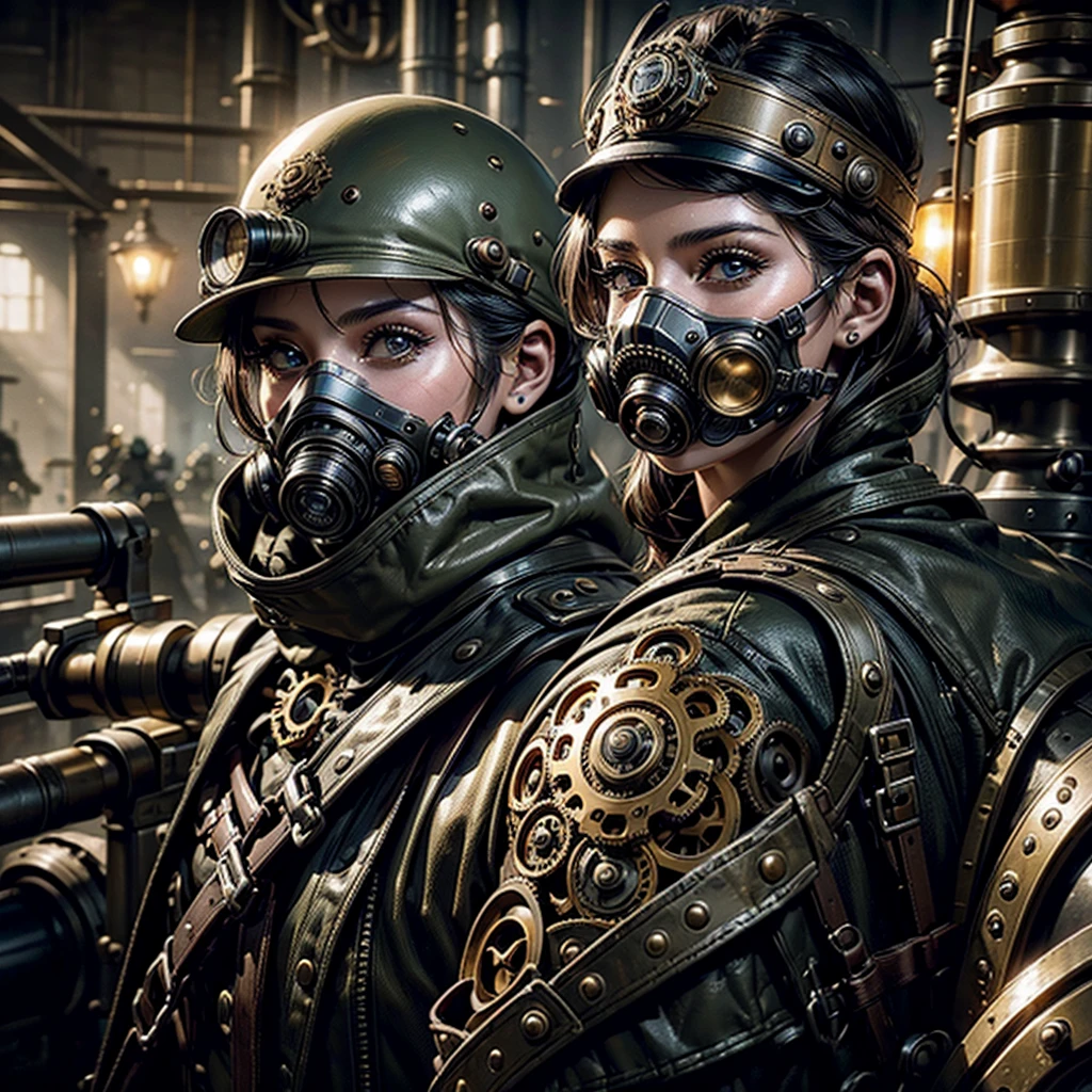a steampunk woman in a steampunk military uniform, surreal battlefield, detailed face and eyes, intricate machinery, gears, cogs, brass, copper, goggles, gas mask, metal, steam, dramatic lighting, moody atmosphere, cinematic, epic, fantasy, concept art, digital painting, (best quality,4k,8k,highres,masterpiece:1.2),ultra-detailed,(realistic,photorealistic,photo-realistic:1.37)