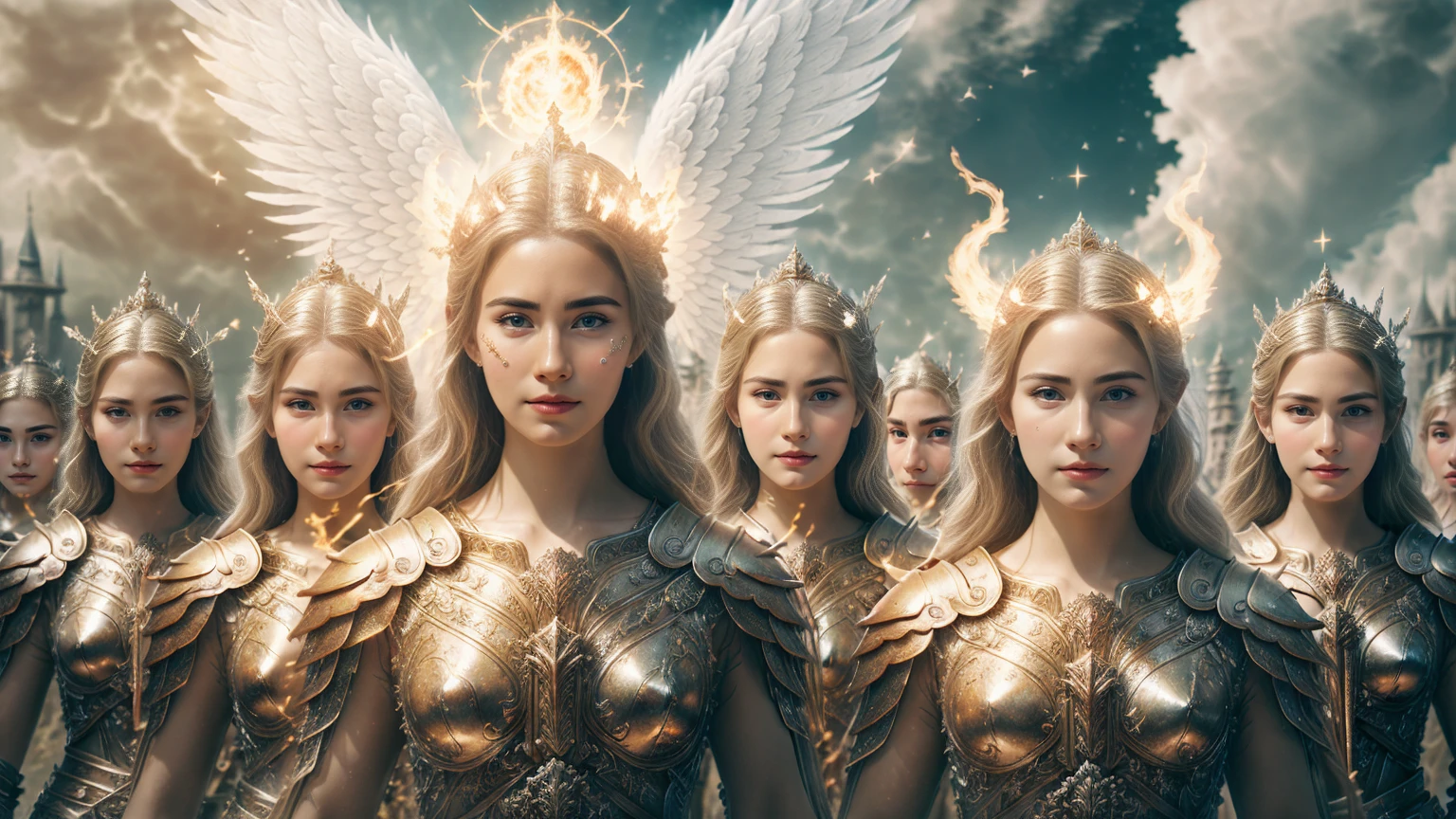 Big Castle Background, Ten angels stand with swords, Behind the angel is brilliance. Huge details, There is the sun in the sky and fire on the ground. UHD 8k CGI, award winner, all faces are perfectly detailed and discernible,