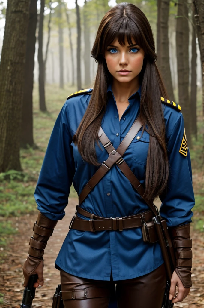 Brunette woman with blue eyes wearing guerrilla costume and