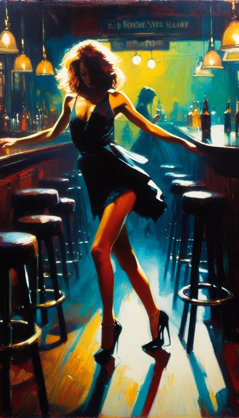 sexy girl has fun dancing alone in a pub, between shadows, oil painting, emotional impact, Bill Sienkiewicz inspired art