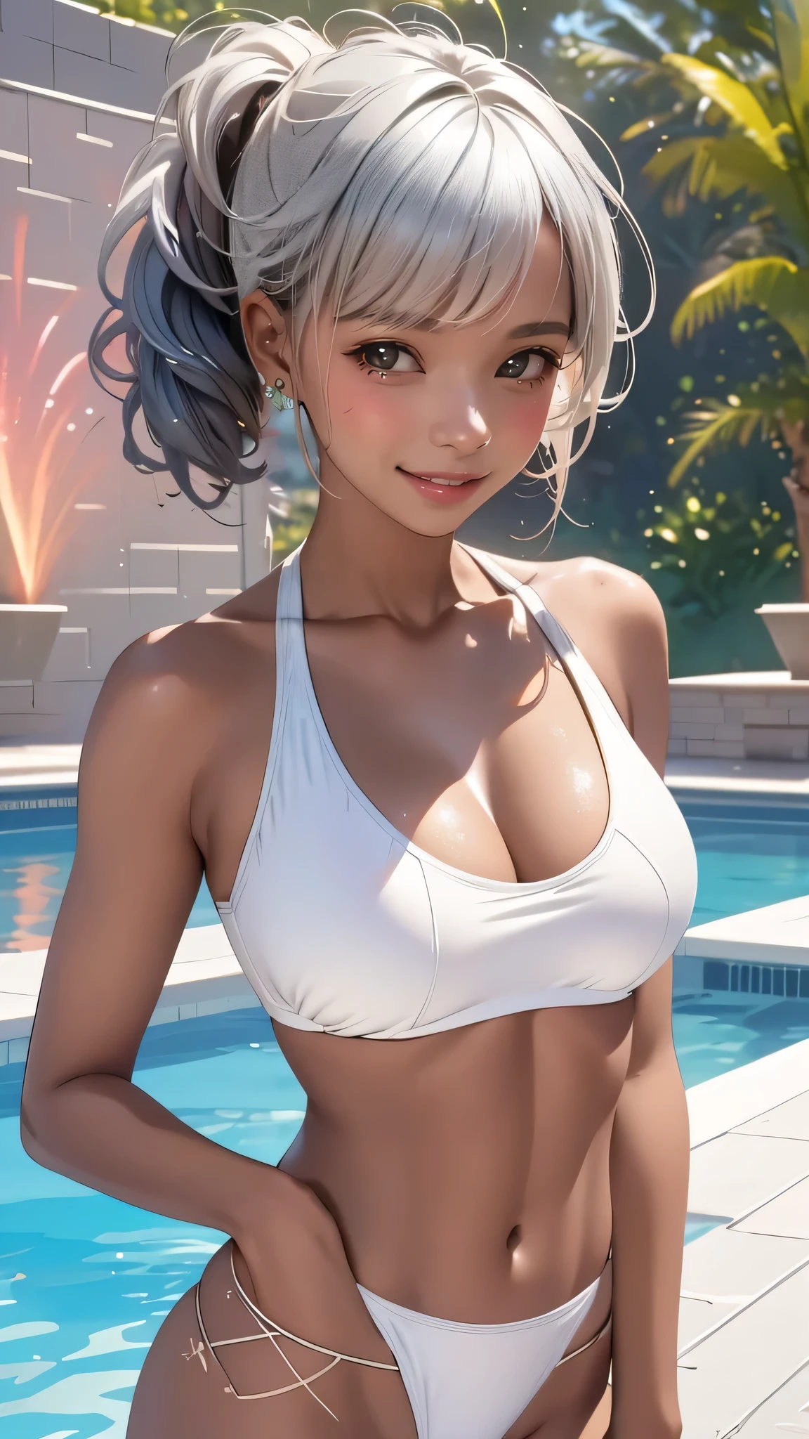 looking up at the fireworks,Poolside,(jumping:1.2),Swimsuit,silver hair,(ebony skin:1.2),(Thin type:1.8),(big breasts),(random hairstyle),(Highest image quality,(8k),ultra-realistic,best quality, high quality, high definition, high quality texture,high detail,beautiful detailed,fine detailed,extremely detailed cg,detailed texture,a realistic representation of the face,masterpiece,Sense of presence)