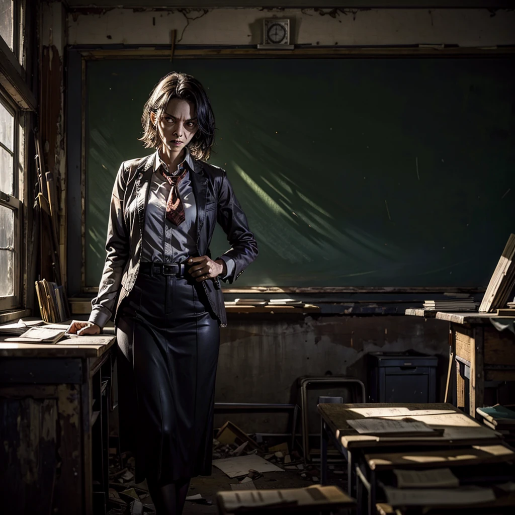 an undead teacher on the desk inside a sinister and dilapidated school, next to her an old damaged blackboard