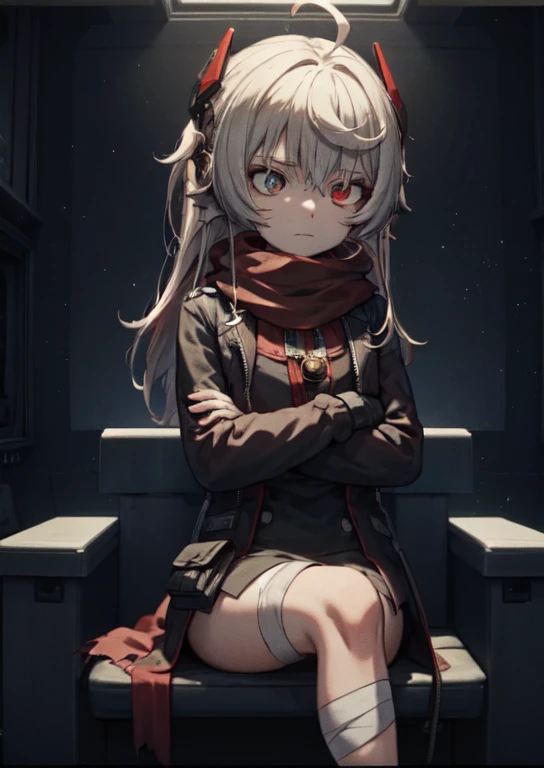 white hair, long hair, headgear, hair ornament, facial mark, heterochromia, red eyes, grey eyes, red scarf, mechanical arms, red jacket, center opening, black dress, dog tags, (red pouch:1.3), open jacket, torn clothes, tail coat
BREAK (bandaged leg:1.2)
BREAK mature female, space, outer space, space station, cafe, crossed arms, katana
BREAK (heads-up display, holographic panels:1.5), (game screenshot:1.1), metal walls, (cockpit:1.1), computers, circuits, subsurface scattering, focused, soft lighting, scolding, volumetric lighting
BREAK sitting, (crossed legs:1.1)
