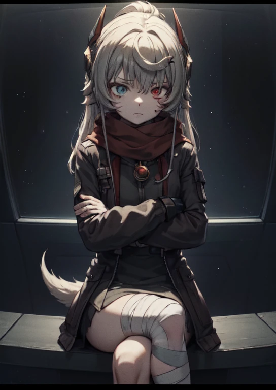 white hair, long hair, headgear, hair ornament, facial mark, heterochromia, red eyes, grey eyes, red scarf, mechanical arms, red jacket, center opening, black dress, dog tags, (red pouch:1.3), open jacket, torn clothes, tail coat
BREAK (bandaged leg:1.2)
BREAK mature female, space, outer space, space station, cafe, crossed arms, katana
BREAK (heads-up display, holographic panels:1.5), (game screenshot:1.1), metal walls, (cockpit:1.1), computers, circuits, subsurface scattering, focused, soft lighting, scolding, volumetric lighting
BREAK sitting, (crossed legs:1.1)
