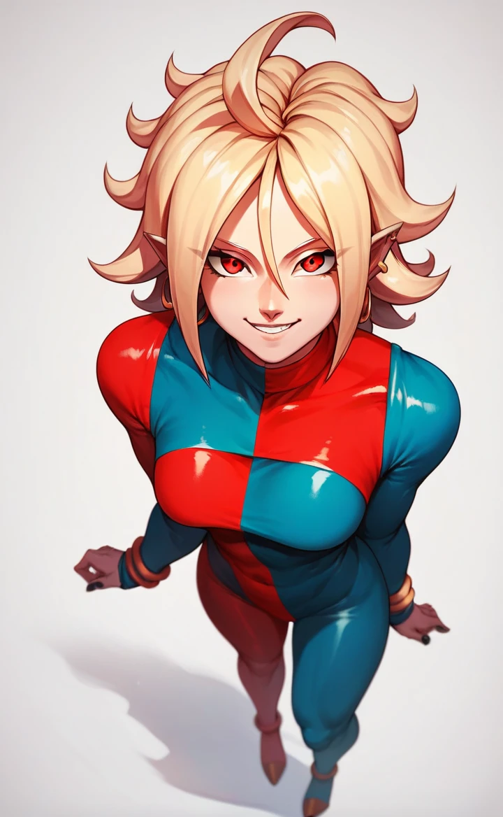 android 21, girl, solo, looking at viewer, smile, short hair, blonde hair, shirt, red eyes, white background,body suit,full body