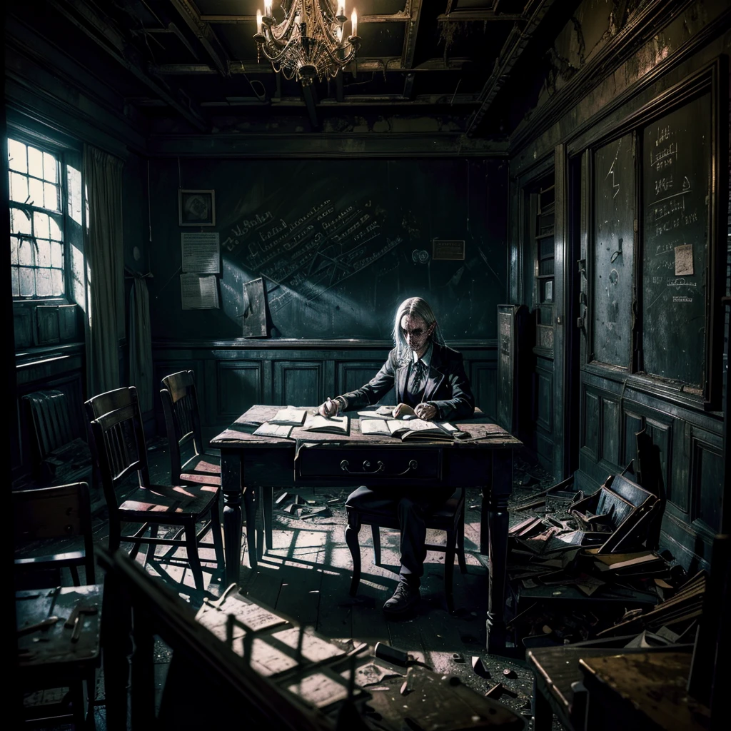 A sinister and dilapidated school interior, an undead teacher sitting at a desk, an old damaged blackboard beside her, (best quality,4k,8k,highres,masterpiece:1.2),ultra-detailed,(realistic,photorealistic,photo-realistic:1.37),dark and grungy atmosphere, horror, highly detailed, cinematic lighting, moody colors, dramatic shadows, decrepit school environment, unsettling presence, hauntingly realistic, eerie and foreboding, supernatural elements, decaying and abandoned, ominous and unsettling, haunting and macabre, dark academia, gothic architecture, crumbling walls, cobwebs, flickering lights