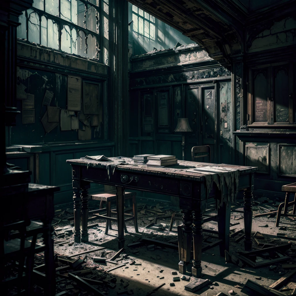 A sinister and dilapidated school interior, an undead teacher sitting at a desk, an old damaged blackboard beside her, (best quality,4k,8k,highres,masterpiece:1.2),ultra-detailed,(realistic,photorealistic,photo-realistic:1.37),dark and grungy atmosphere, horror, highly detailed, cinematic lighting, moody colors, dramatic shadows, decrepit school environment, unsettling presence, hauntingly realistic, eerie and foreboding, supernatural elements, decaying and abandoned, ominous and unsettling, haunting and macabre, dark academia, gothic architecture, crumbling walls, cobwebs, flickering lights