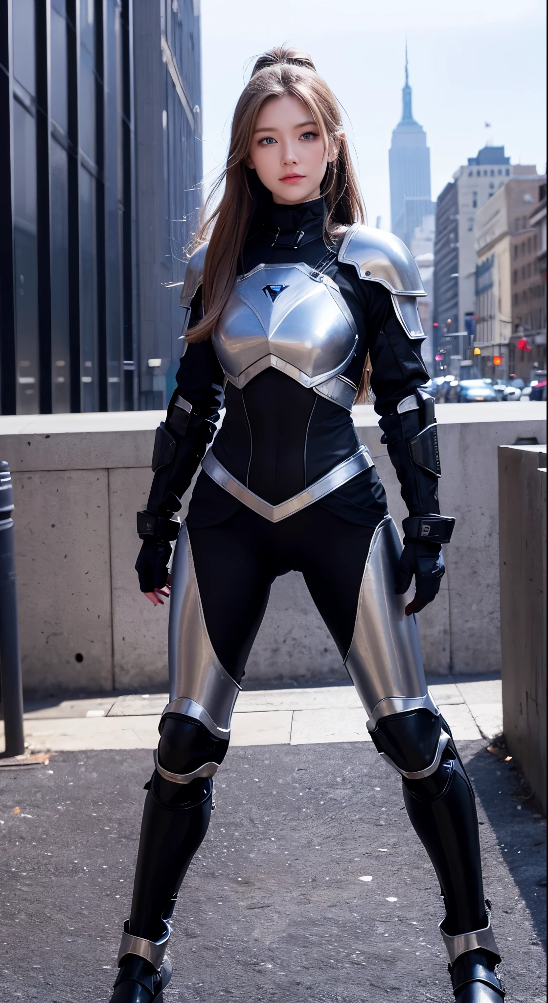 with high definition images，contrast、Godley、blue eyes、Chestnut Hair、The Bronx, New York is the background、Absolute Strength、A beautiful woman wearing a red armored suit all over her body、Silver armor，Facial details，Full body high quality images