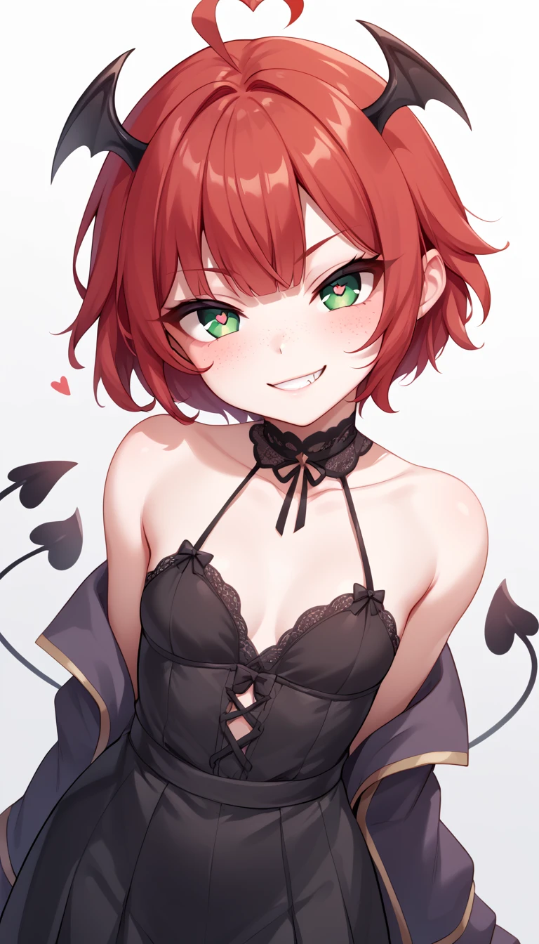 1 Girl, Small Breasts, Green Eyes, Heart Eyes, Deep Red Hair, Short Hair Style, Pale White Skin, Smooth Skin, Face Freckles, Slutty, Sexy, Sassy, Smirking, Tease, Teasing, Teasing, Sexy Pose, Young Girl, Very Small Girl, , Dressed Like a Succubus