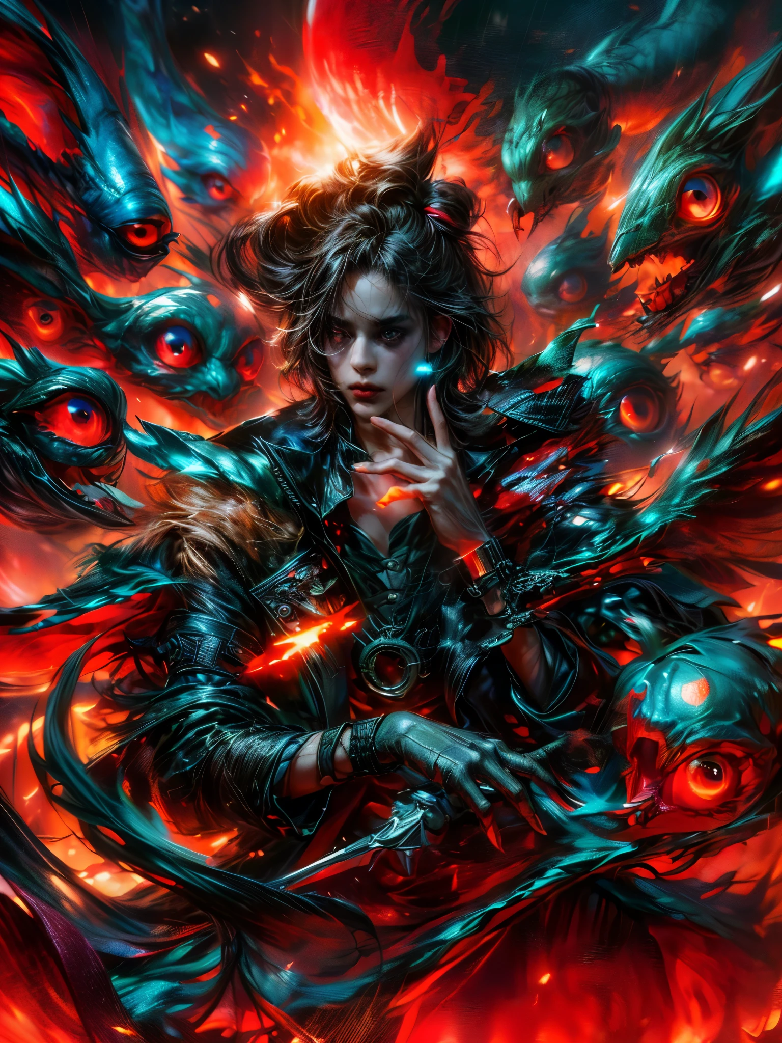 Man with black hair and red eyes, surrounded by red eyes. Dark coat with red details, holding sword in right hand, left hand making contemplative gesture. (male: 2), Character away, work of art, best qualityer, (Extremely detailed CG 8k unity wallpaper), (best qualityer), (best illustration), (best shade), absurderes, realistic lighting, (bright), beautiful detailed glowing, arte de PeterMohrBacher, detailed character, 85mm camera. Extremely detaild, 8k, HDR, naturallight, cinematic lighting, masterpiece-anatomy-perfect, ultra HD, RAW photo, metallic, professional, ultra-fine painting, perfect body proportions, anatomically correct, uhd, real texture material, Anti-Aliasing, FKAA, TXAA, SSAO, Post Processing, Post Production, Tone Mapping, CGI, VFX, SFX, hyper maximalist, Volumetric, ultra photorealultra-detailed intricate details.