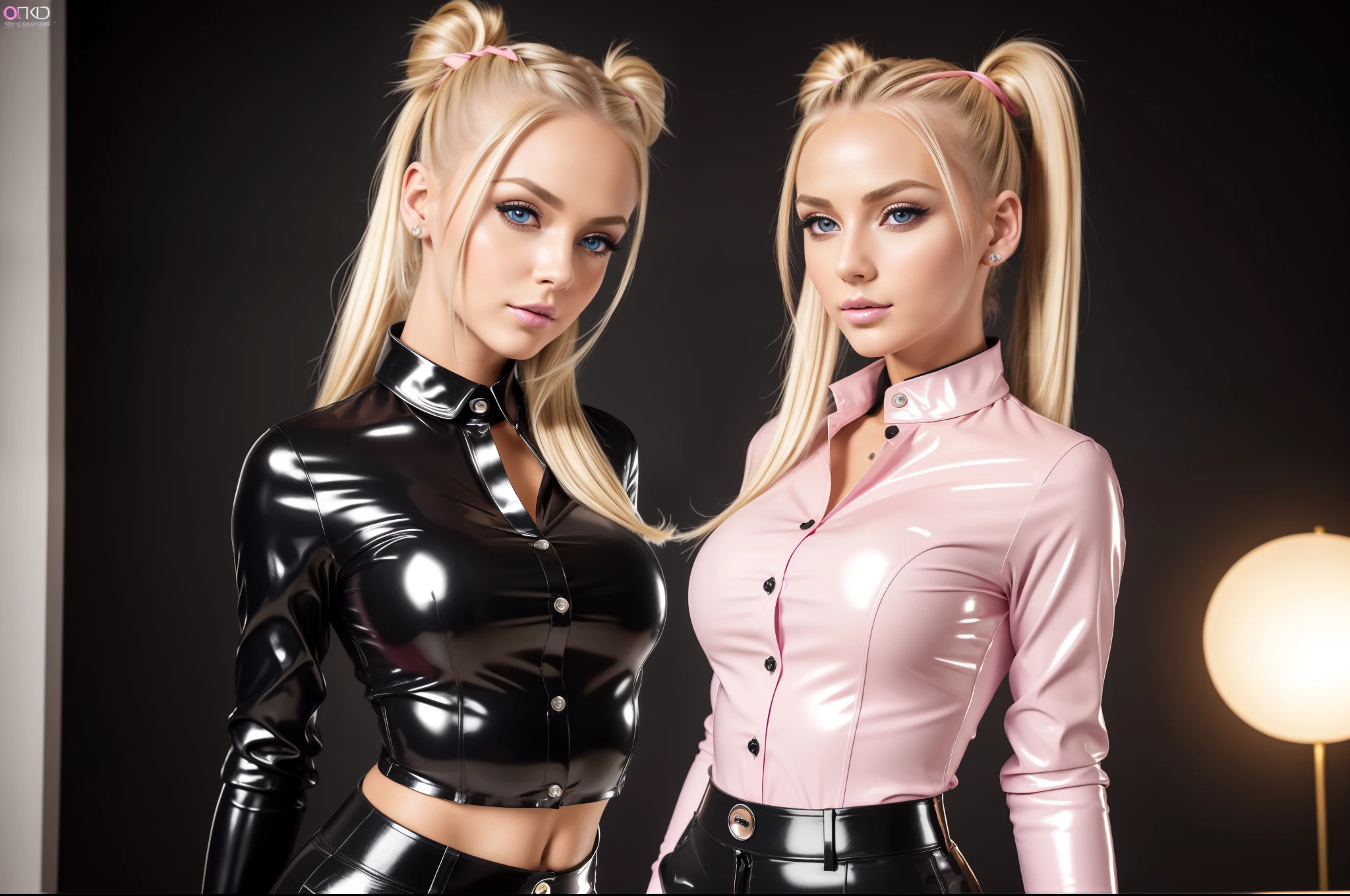 ((best quality)), ((Meisterwerk)), (Detailliert), Perfektes Gesicht, Gorgeous young twin girls, blondes Haar, Space Buns, pink Latexbluse, Latex blouse buttoned up, Latex Bluse detailliert,shiny light blue latex skirt,shiny pink latex stockings,Red Shiny Lacquer PVC Shoes, Perfektes Gesicht, Detaillierte Augen, Detaillierte Lippen, Detailed hands, lange Wimpern, vollbusig, portrait, hight resolution, realistisch, Studiobeleuchtung, Lebendige Farben