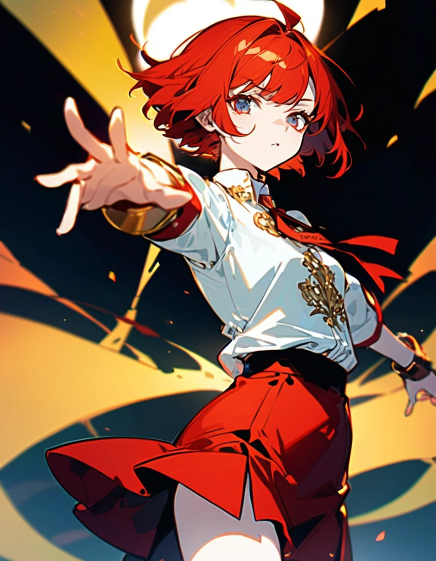 Anime girl with short red hair reaching the nape of the neck and a white shirt and red skirt., Fierce blue eyes, There is a black card in the protagonist's right hand.