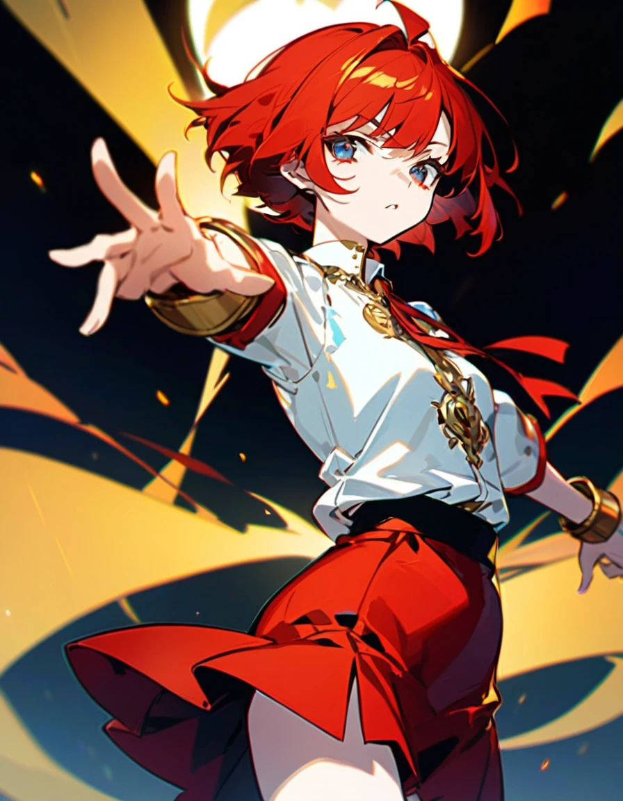 Anime girl with short red hair reaching the nape of the neck and a white shirt and red skirt., Fierce blue eyes, There is a black card in the protagonist&#39;s right hand.