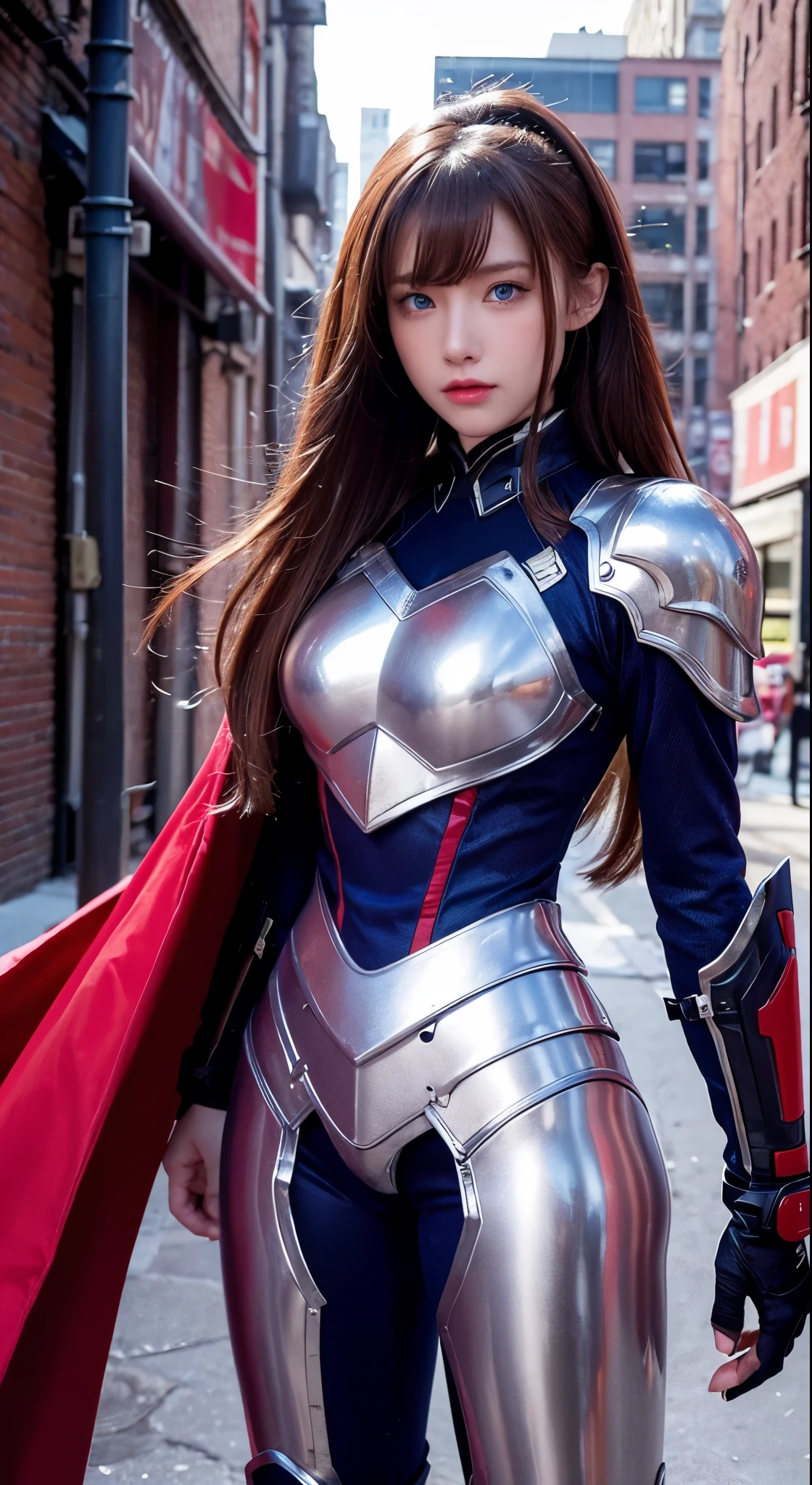 with high definition images，contrast、Godley、blue eyes、Chestnut Hair、The Bronx, New York is the background、Absolute Strength、A beautiful woman wearing a red armored suit all over her body、Silver armor，Facial details，Full body high quality images