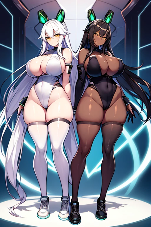 2girls, dark skin, dark-skinned female, white hair, black hair, long hair, yellow eyes, large breasts, breasts, wide hips, smug, smirk, smile, bodysuit, black bodysuit, pantyhose, black pantyhose, shoes, sneakers, futuristic, tech, science-fiction, neon trim, white neon trim, white trim, full body, ((full body))